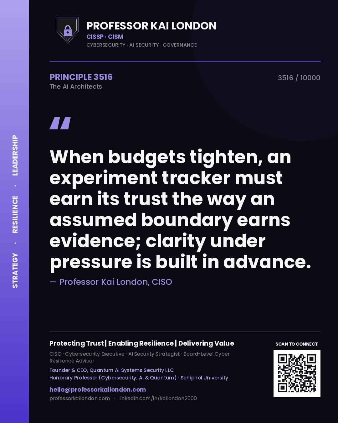 Quote card by Professor Kai London reading 'When budgets tighten, an experiment tracker must earn its trust the way an assumed boundary earns evidence; clarity under pressure is built in advance.'. From the book The AI Architects.