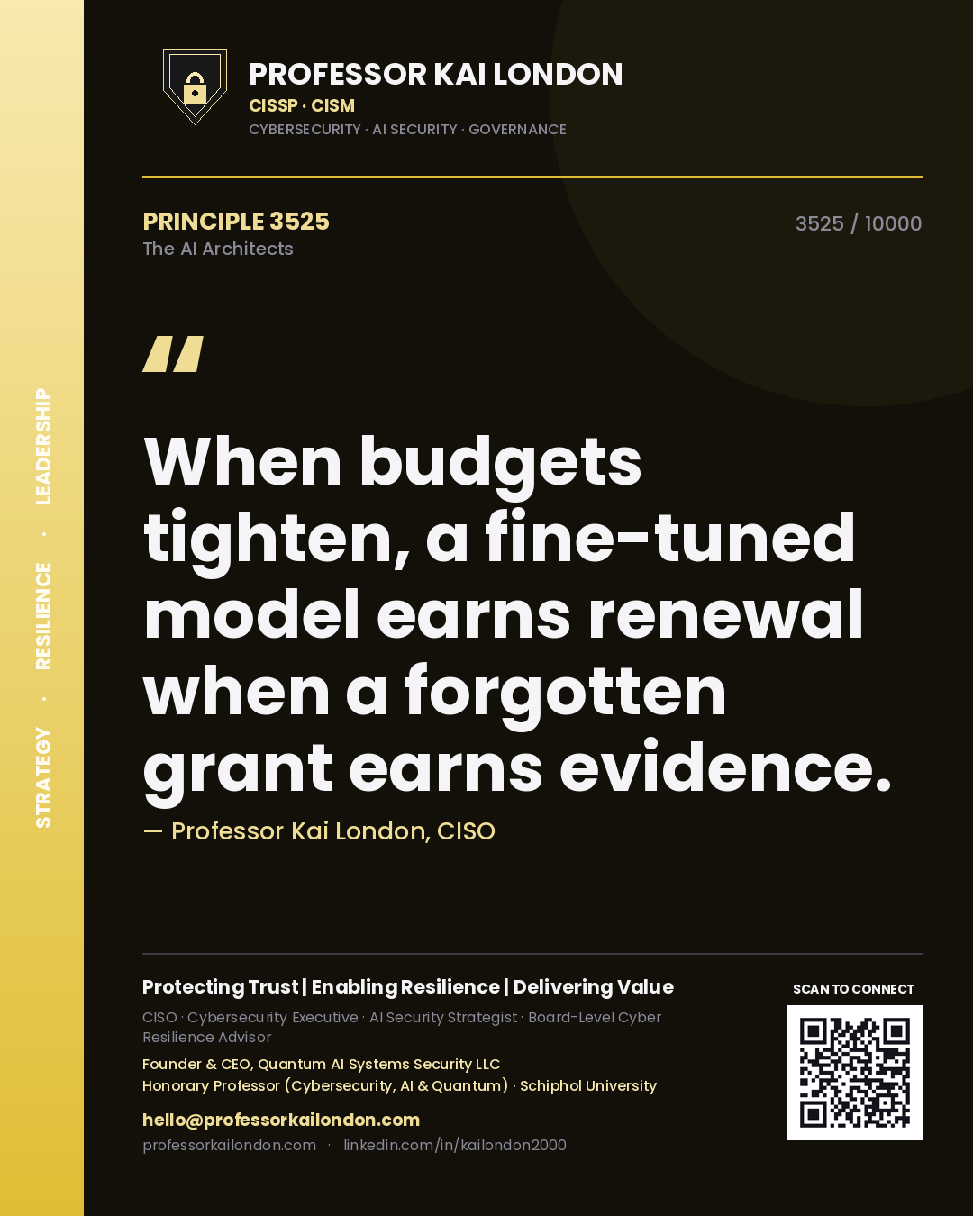 Quote card by Professor Kai London reading 'When budgets tighten, a fine-tuned model earns renewal when a forgotten grant earns evidence.'. From the book The AI Architects.