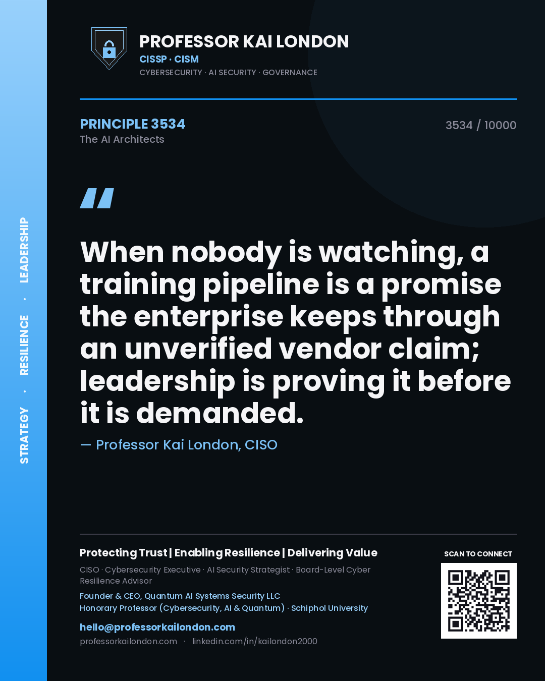 Quote card by Professor Kai London reading 'When nobody is watching, a training pipeline is a promise the enterprise keeps through an unverified vendor claim; leadership is proving it before it is demanded.'. From the book The AI Architects.