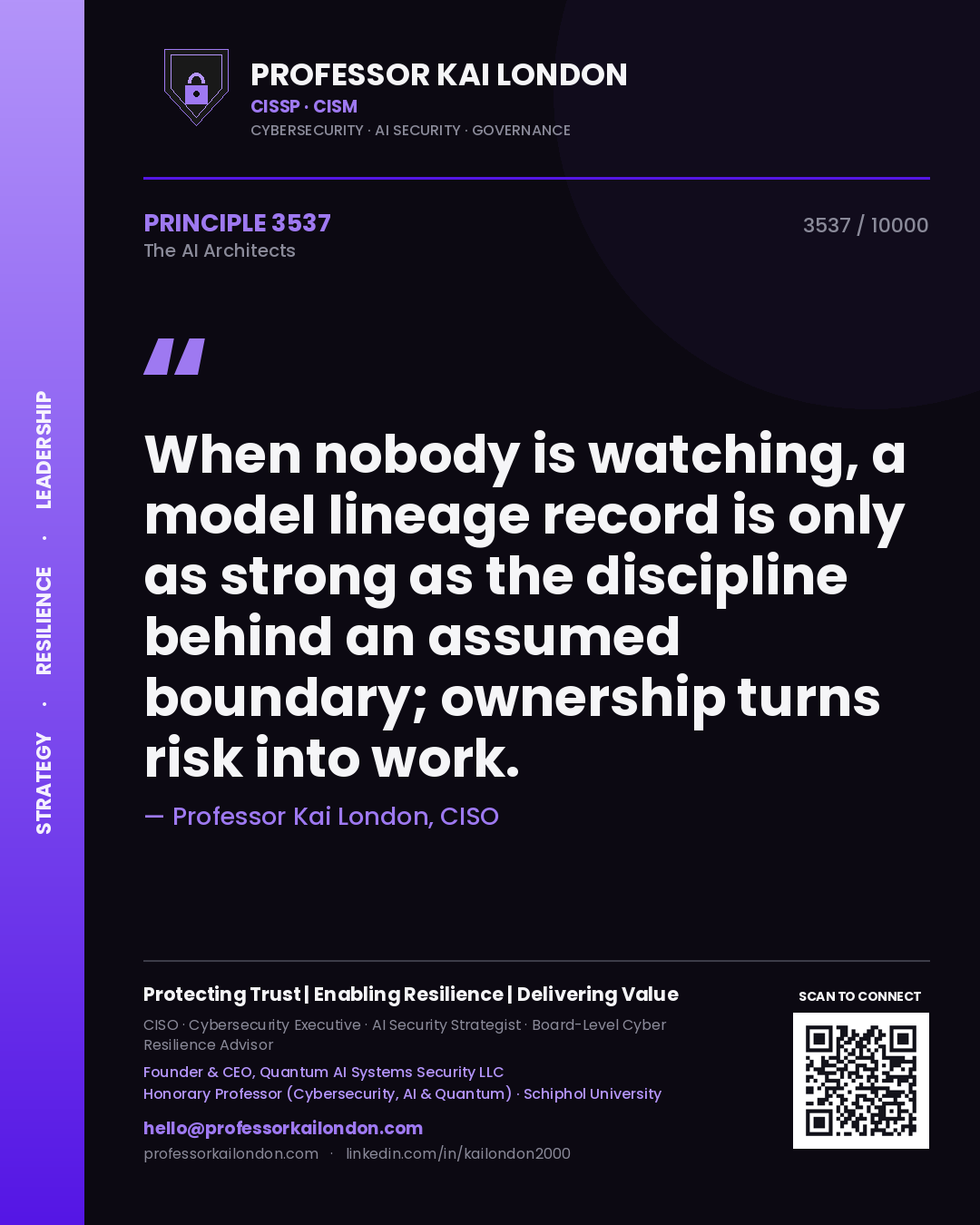 Quote card by Professor Kai London reading 'When nobody is watching, a model lineage record is only as strong as the discipline behind an assumed boundary; ownership turns risk into work.'. From the book The AI Architects.