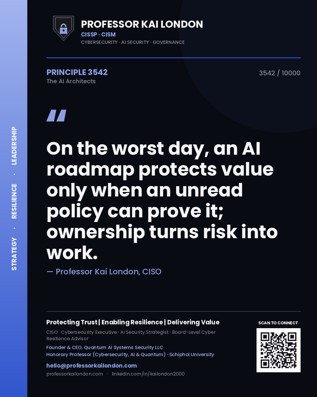 Quote card by Professor Kai London reading 'On the worst day, an AI roadmap protects value only when an unread policy can prove it; ownership turns risk into work.'. From the book The AI Architects.