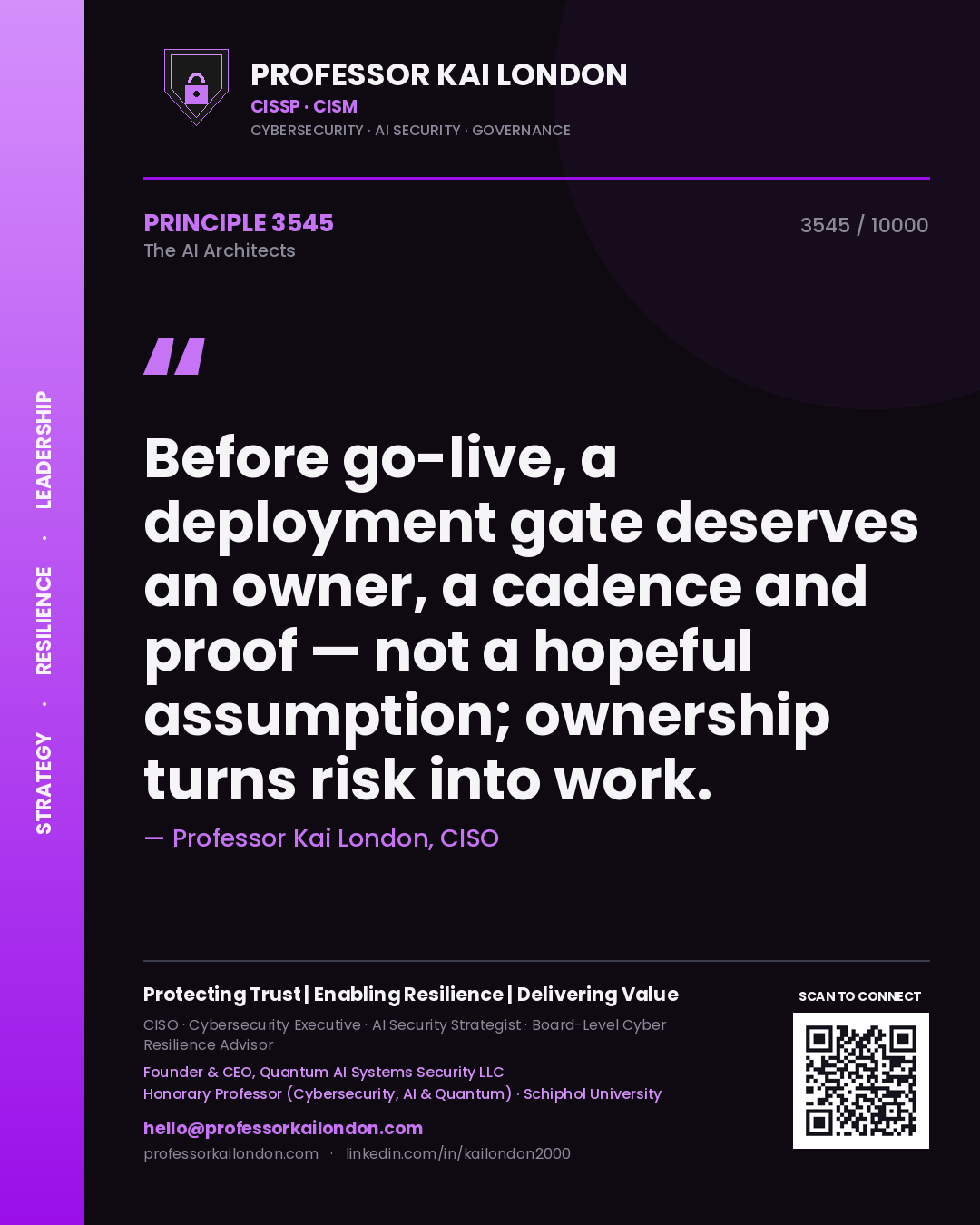 Quote card by Professor Kai London reading 'Before go-live, a deployment gate deserves an owner, a cadence and proof — not a hopeful assumption; ownership turns risk into work.'. From the book The AI Architects.