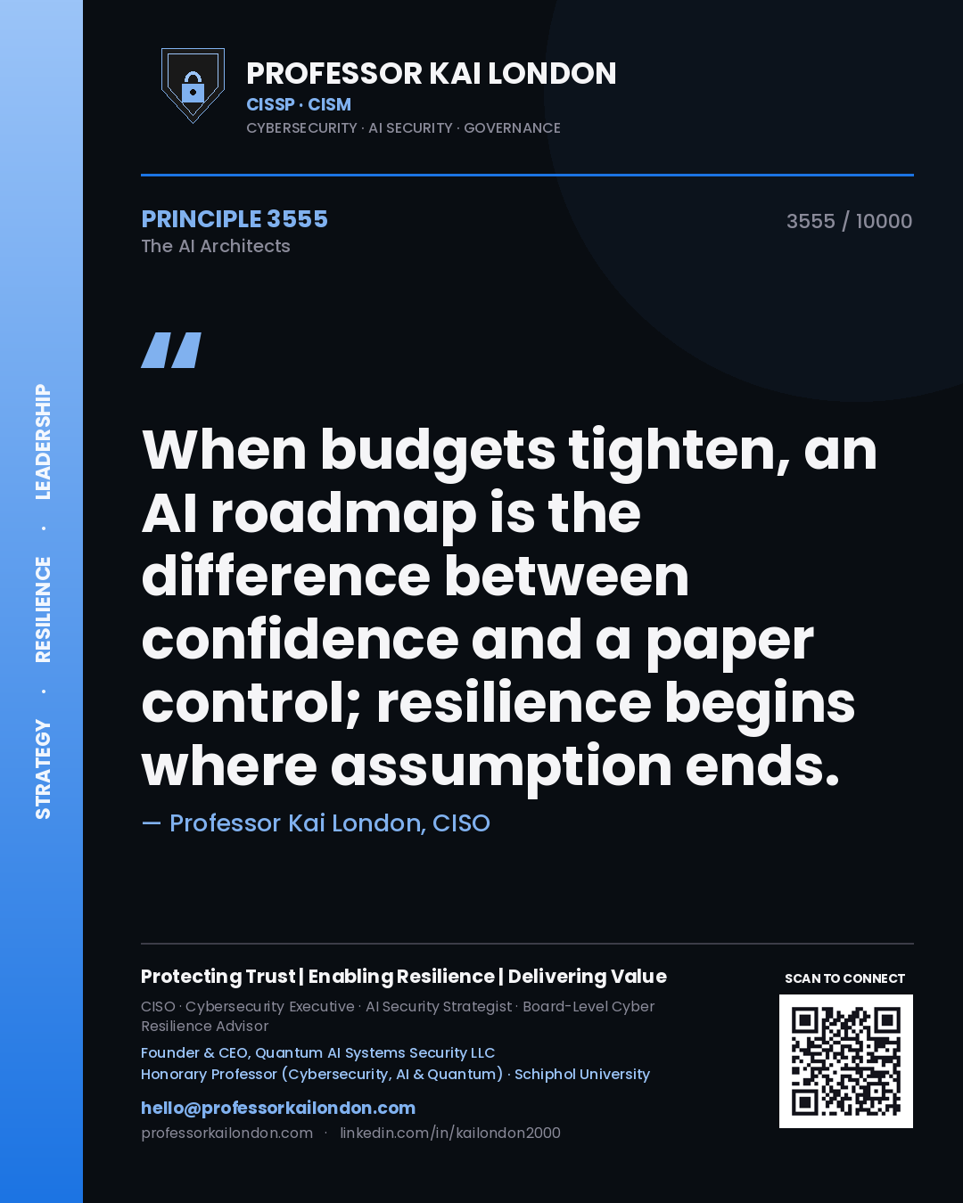 Quote card by Professor Kai London reading 'When budgets tighten, an AI roadmap is the difference between confidence and a paper control; resilience begins where assumption ends.'. From the book The AI Architects.