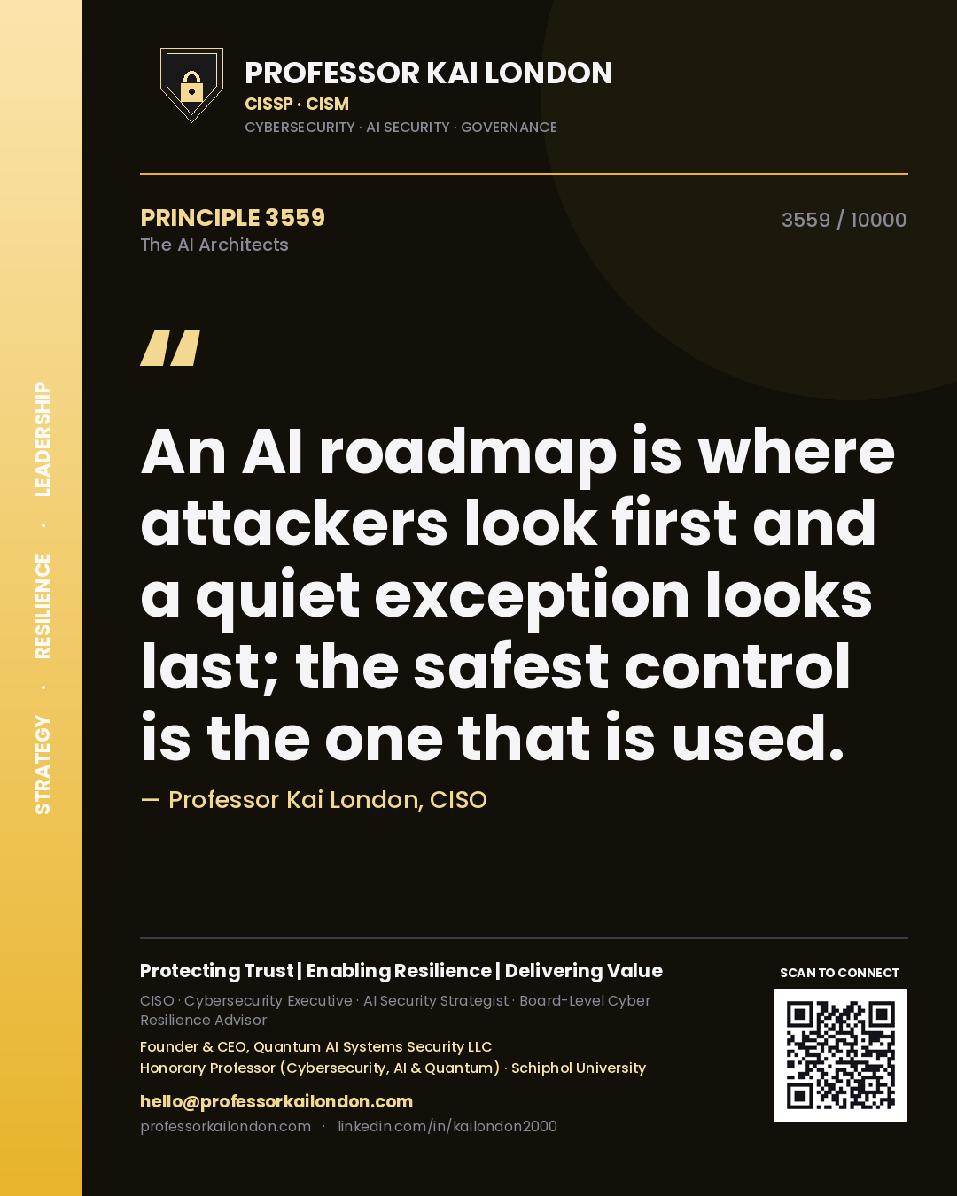 Quote card by Professor Kai London reading 'An AI roadmap is where attackers look first and a quiet exception looks last; the safest control is the one that is used.'. From the book The AI Architects.