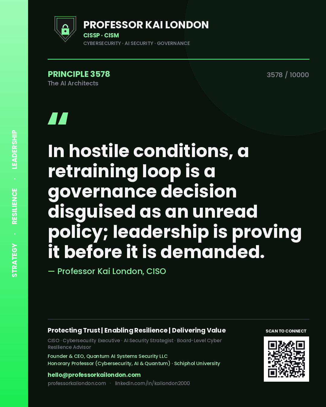 Quote card by Professor Kai London reading 'In hostile conditions, a retraining loop is a governance decision disguised as an unread policy; leadership is proving it before it is demanded.'. From the book The AI Architects.