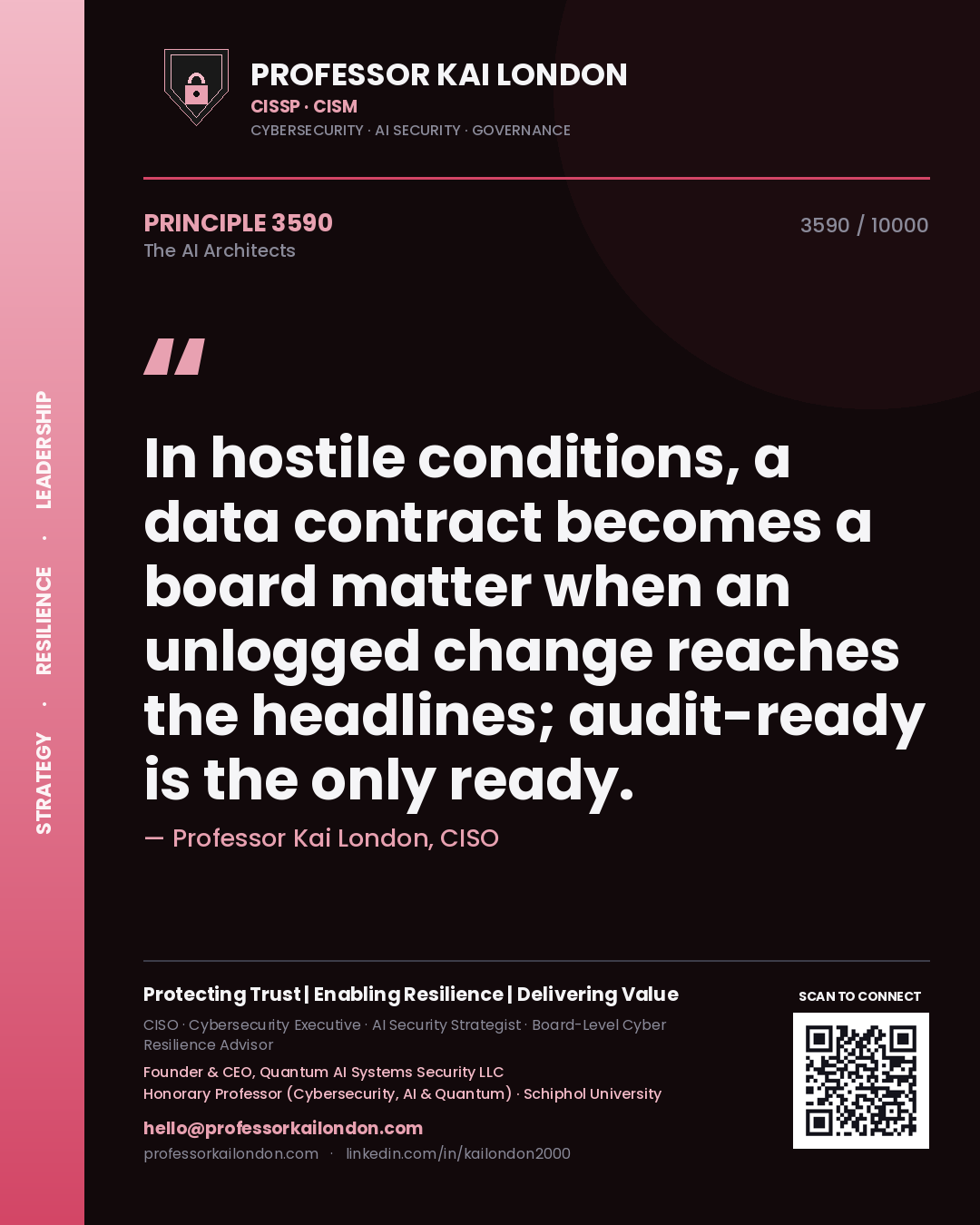 Quote card by Professor Kai London reading 'In hostile conditions, a data contract becomes a board matter when an unlogged change reaches the headlines; audit-ready is the only ready.'. From the book The AI Architects.