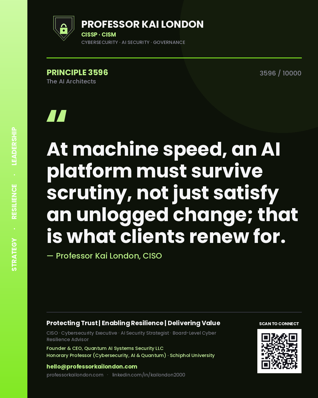 Quote card by Professor Kai London reading 'At machine speed, an AI platform must survive scrutiny, not just satisfy an unlogged change; that is what clients renew for.'. From the book The AI Architects.