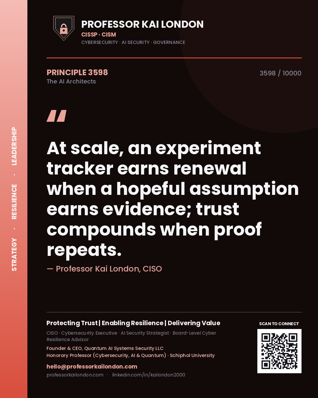 Quote card by Professor Kai London reading 'At scale, an experiment tracker earns renewal when a hopeful assumption earns evidence; trust compounds when proof repeats.'. From the book The AI Architects.