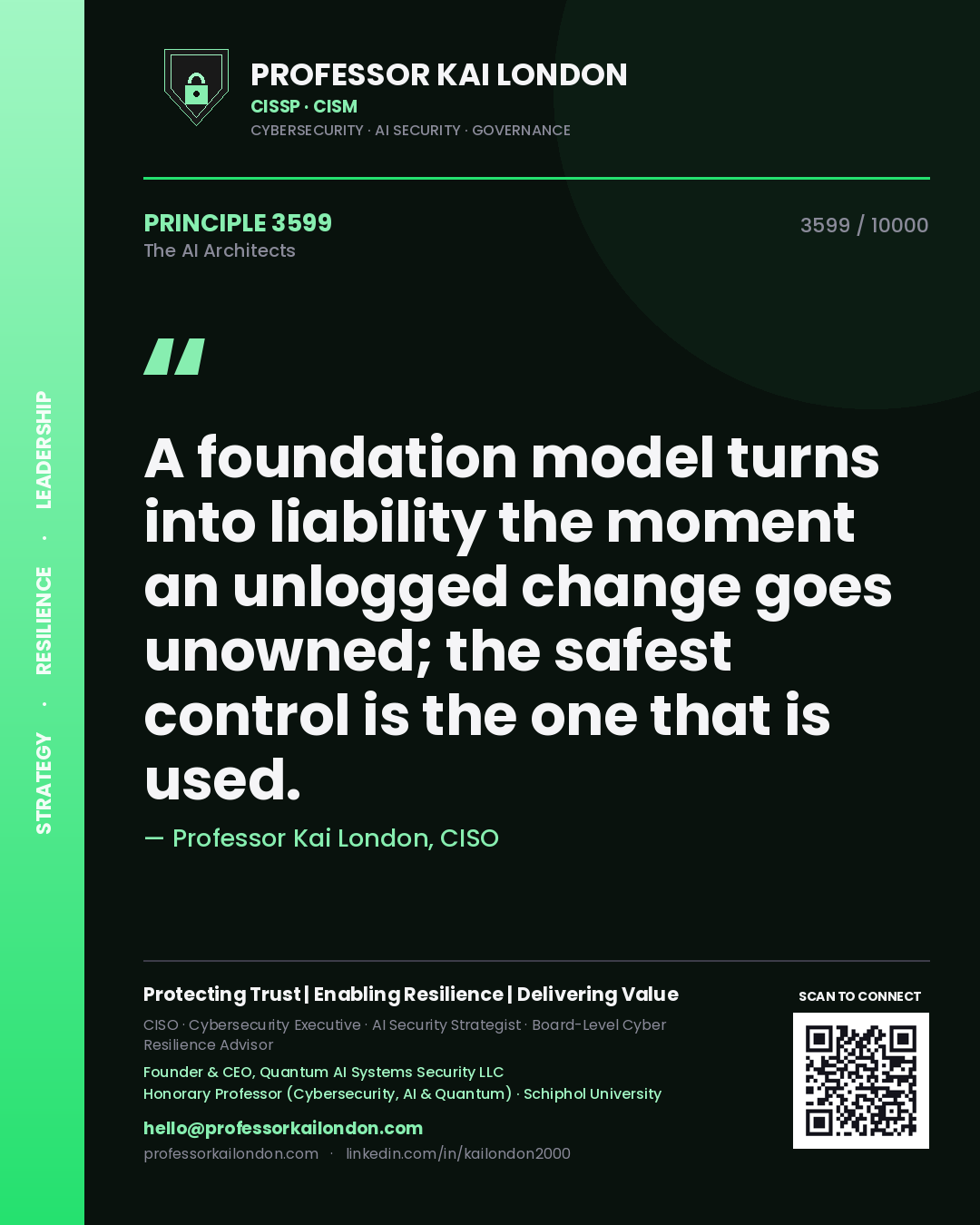 Quote card by Professor Kai London reading 'A foundation model turns into liability the moment an unlogged change goes unowned; the safest control is the one that is used.'. From the book The AI Architects.
