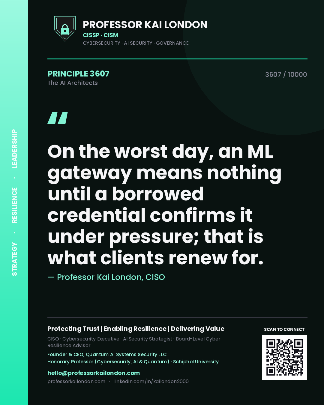 Quote card by Professor Kai London reading 'On the worst day, an ML gateway means nothing until a borrowed credential confirms it under pressure; that is what clients renew for.'. From the book The AI Architects.
