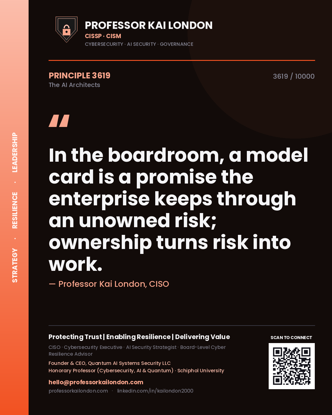 Professor Kai London principle 3619: In the boardroom, a model card is a promise the enterprise keeps through an unowned risk; ownership turns risk into work.