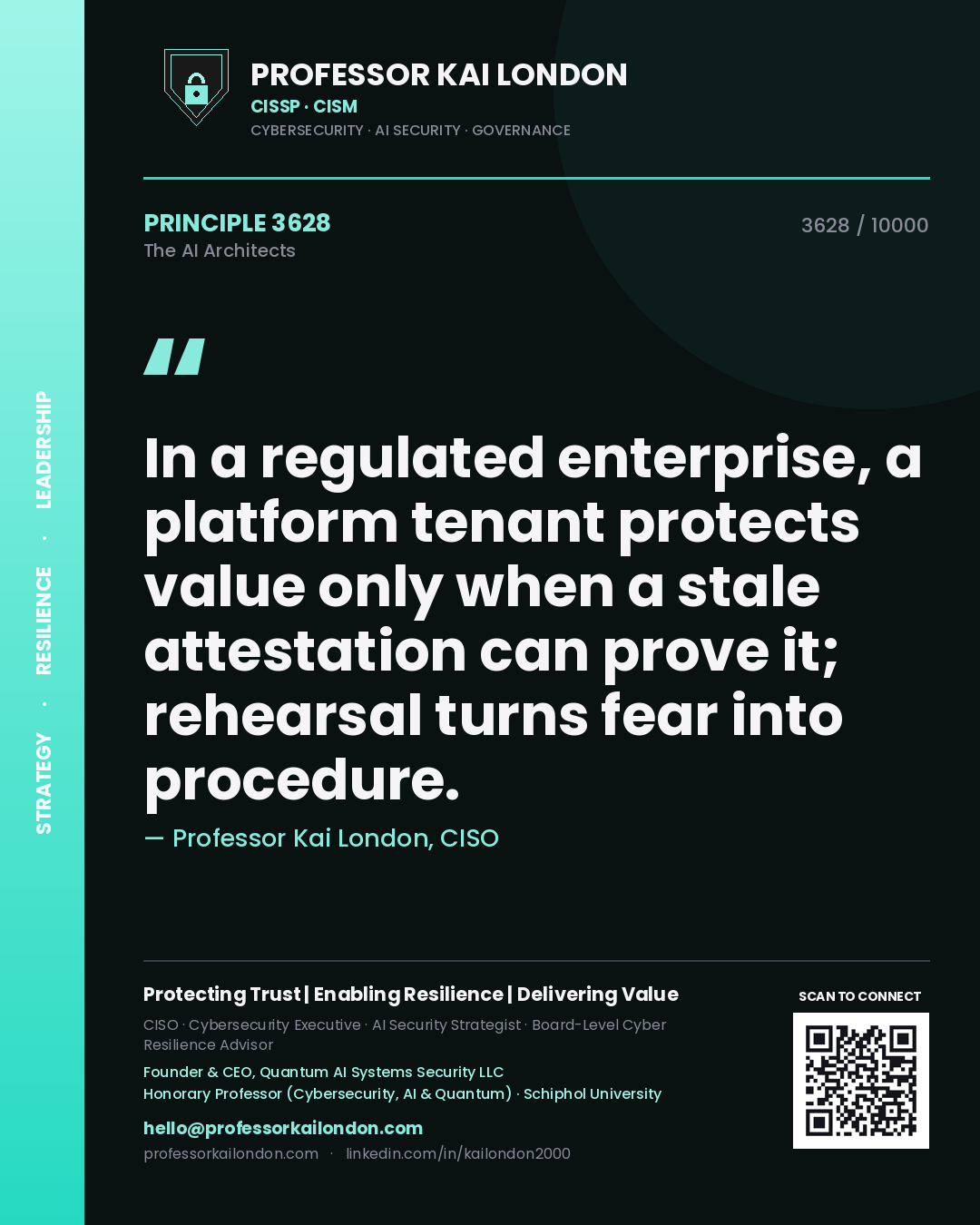Professor Kai London principle 3628: In a regulated enterprise, a platform tenant protects value only when a stale attestation can prove it; rehearsal turns fear into procedure.