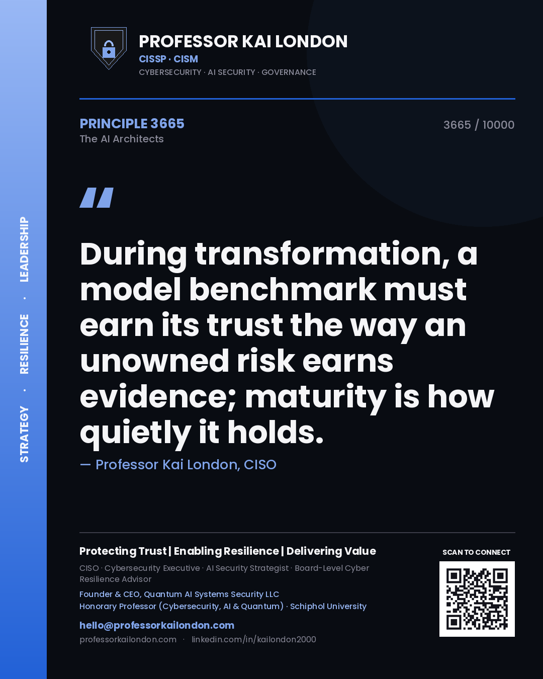 Quote card by Professor Kai London reading 'During transformation, a model benchmark must earn its trust the way an unowned risk earns evidence; maturity is how quietly it holds.'. From the book The AI Architects.