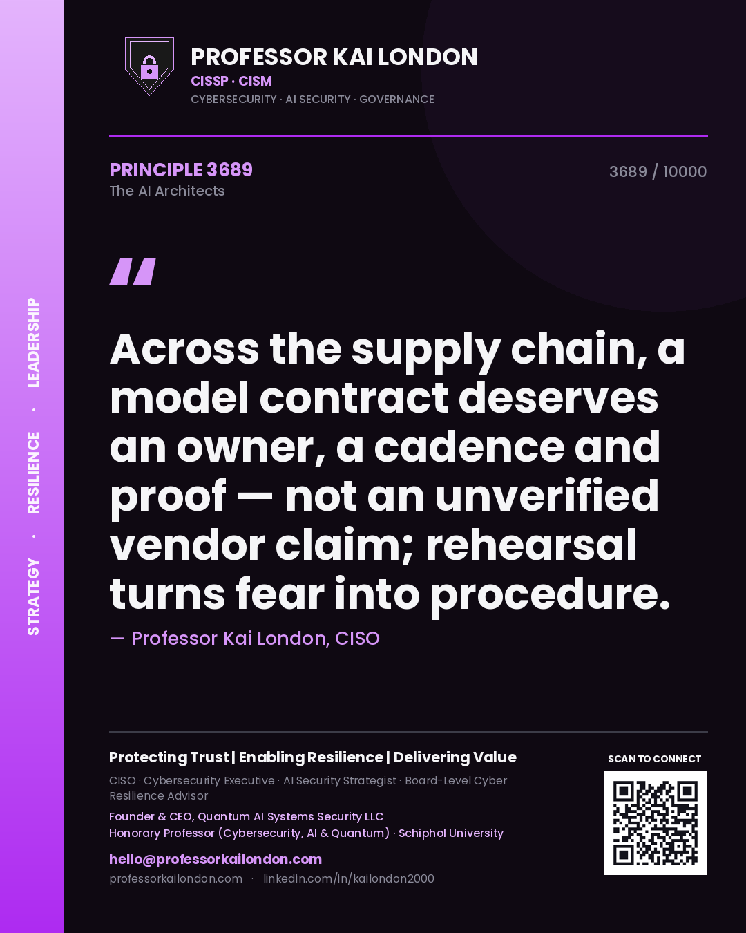 Professor Kai London principle 3689: Across the supply chain, a model contract deserves an owner, a cadence and proof — not an unverified vendor claim; rehearsal turns fear into procedure.
