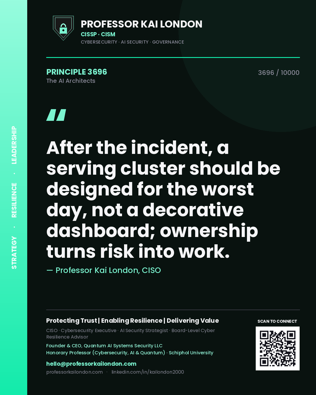 Professor Kai London principle 3696: After the incident, a serving cluster should be designed for the worst day, not a decorative dashboard; ownership turns risk into work.