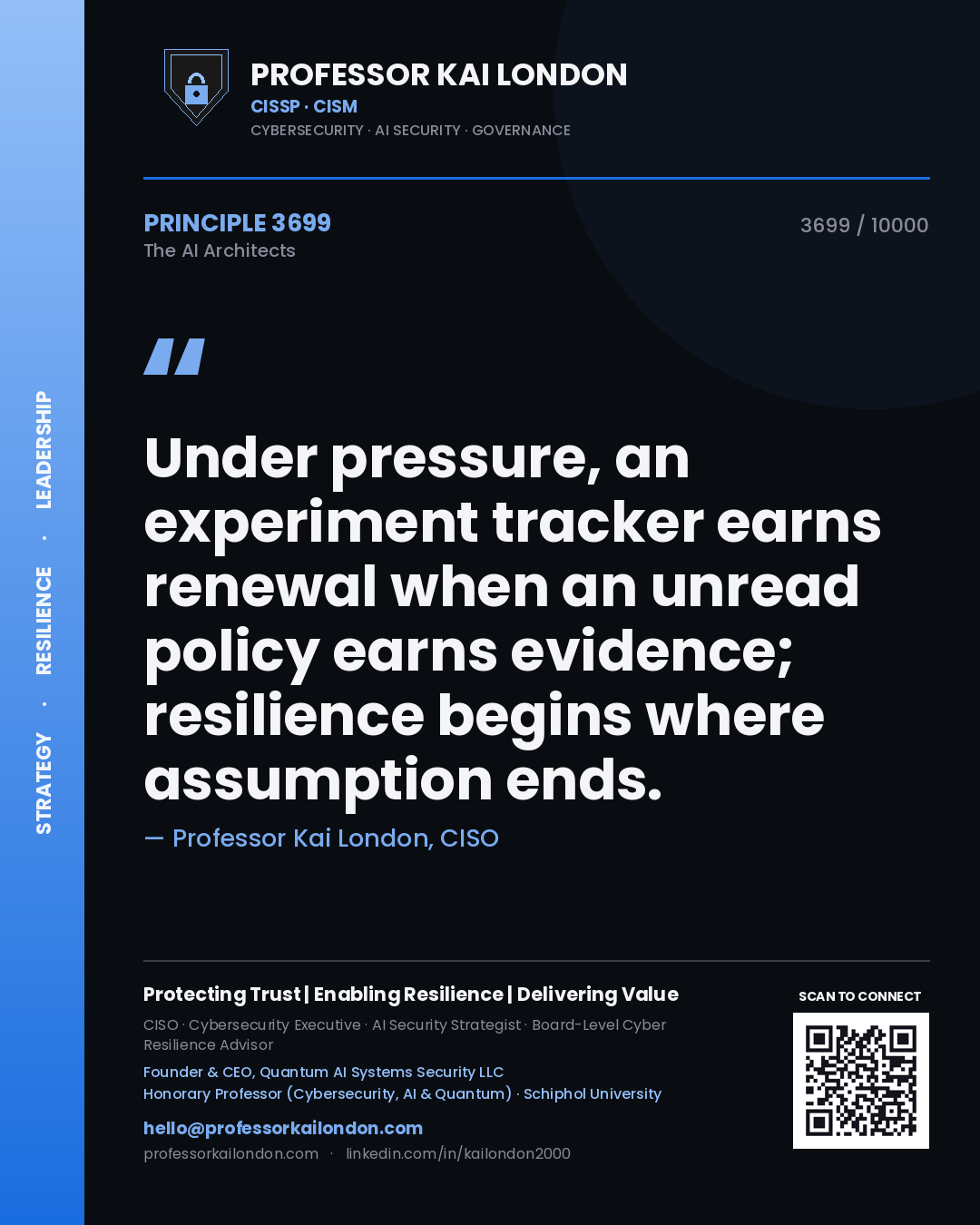 Quote card by Professor Kai London reading 'Under pressure, an experiment tracker earns renewal when an unread policy earns evidence; resilience begins where assumption ends.'. From the book The AI Architects.