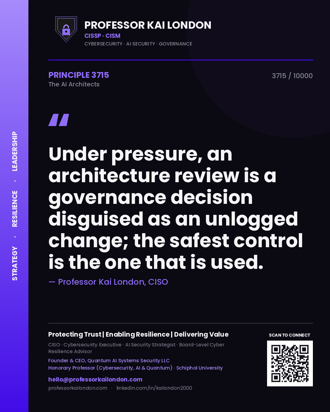 Quote card by Professor Kai London reading 'Under pressure, an architecture review is a governance decision disguised as an unlogged change; the safest control is the one that is used.'. From the book The AI Architects.