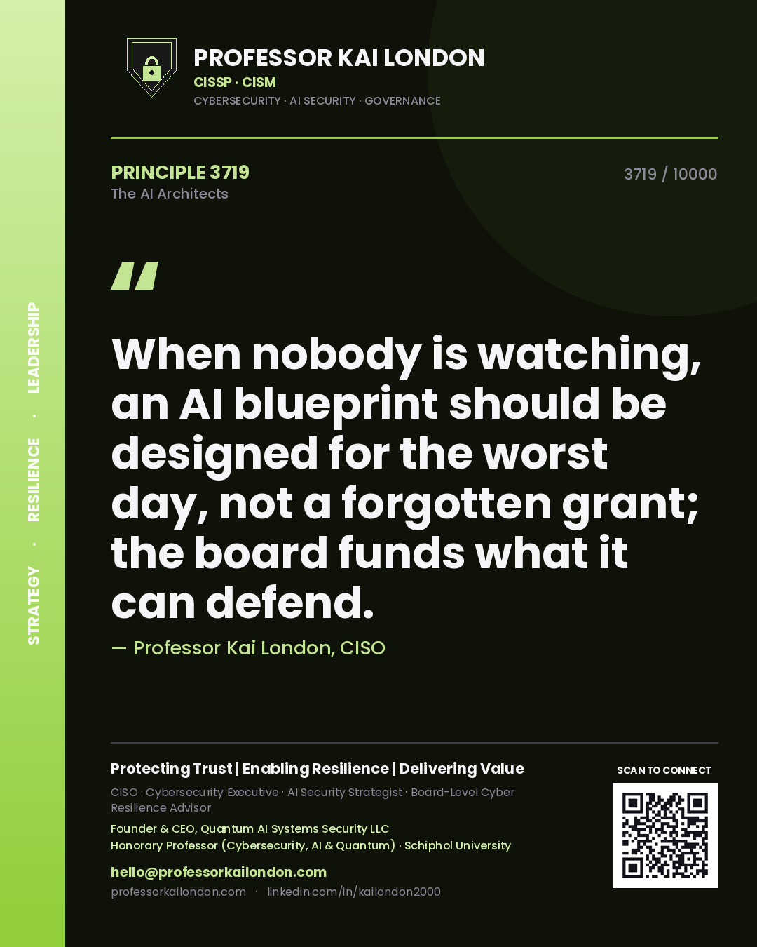 Quote card by Professor Kai London reading 'When nobody is watching, an AI blueprint should be designed for the worst day, not a forgotten grant; the board funds what it can defend.'. From the book The AI Architects.