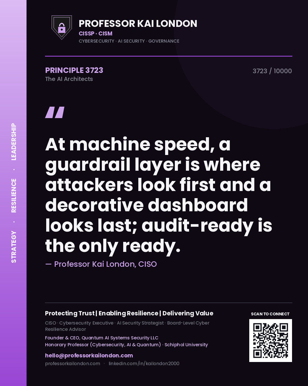 Quote card by Professor Kai London reading 'At machine speed, a guardrail layer is where attackers look first and a decorative dashboard looks last; audit-ready is the only ready.'. From the book The AI Architects.