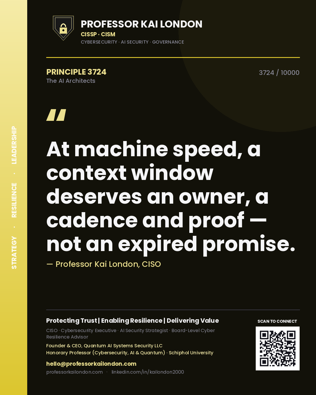 Quote card by Professor Kai London reading 'At machine speed, a context window deserves an owner, a cadence and proof — not an expired promise.'. From the book The AI Architects.