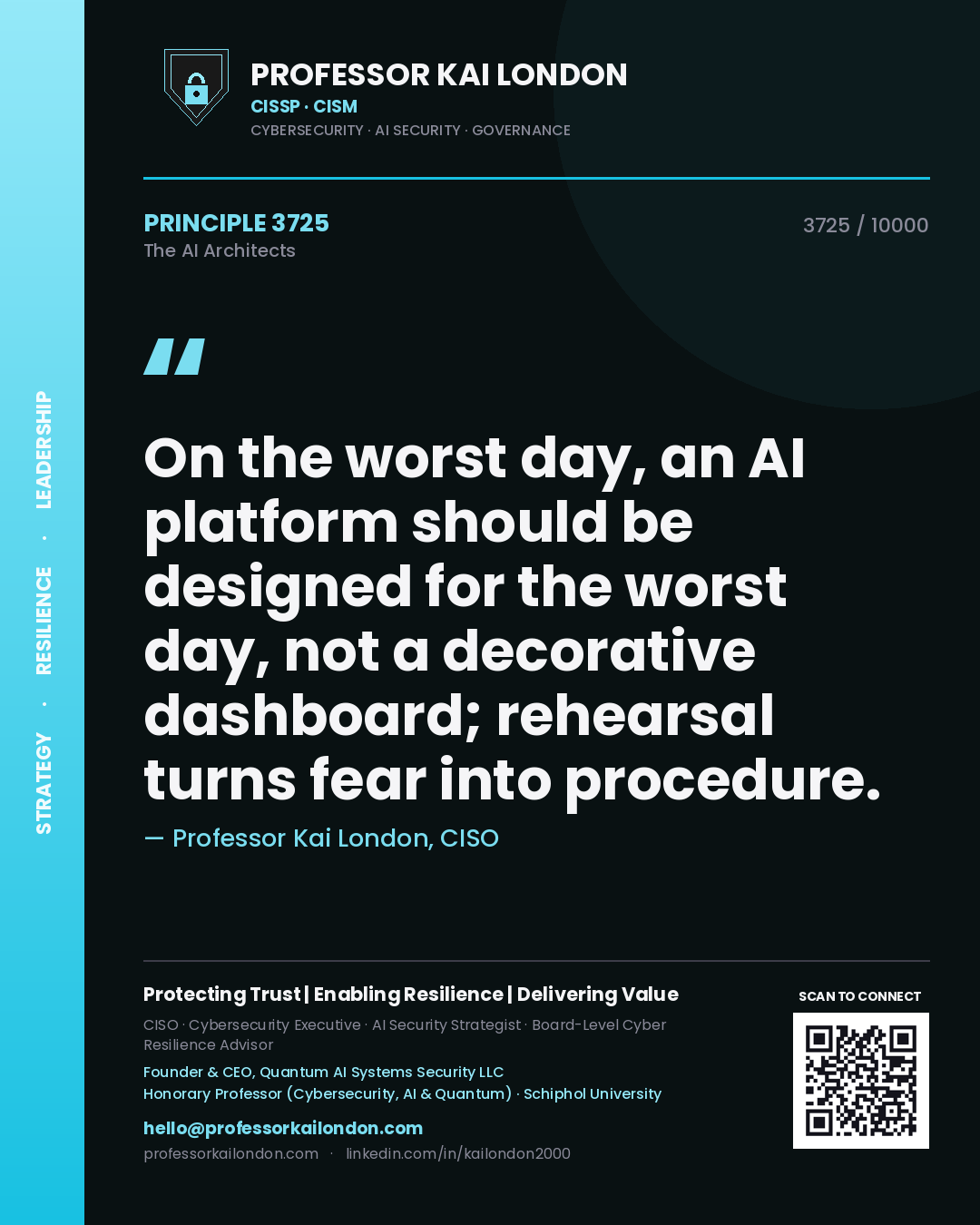 Professor Kai London principle 3725: On the worst day, an AI platform should be designed for the worst day, not a decorative dashboard; rehearsal turns fear into procedure.