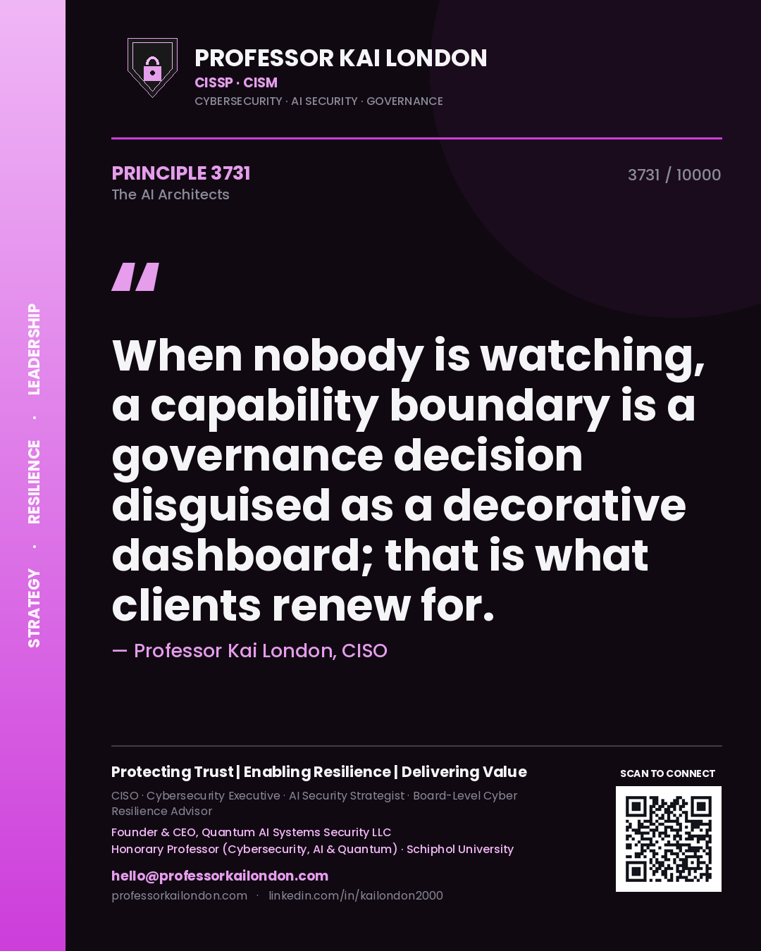 Professor Kai London principle 3731: When nobody is watching, a capability boundary is a governance decision disguised as a decorative dashboard; that is what clients renew for.