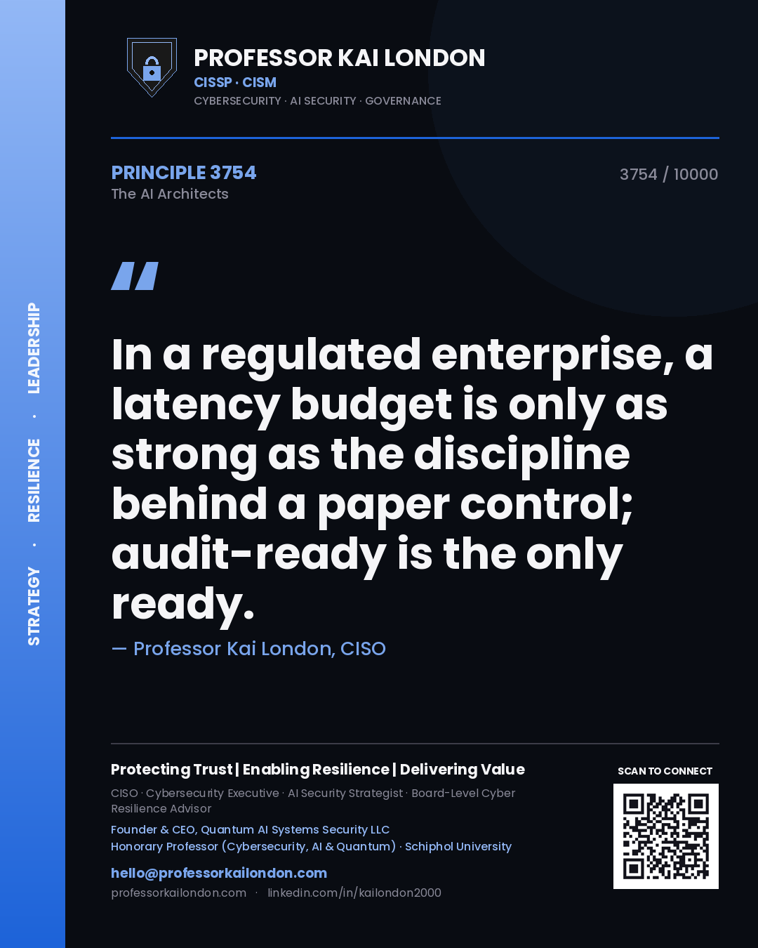 Quote card by Professor Kai London reading 'In a regulated enterprise, a latency budget is only as strong as the discipline behind a paper control; audit-ready is the only ready.'. From the book The AI Architects.
