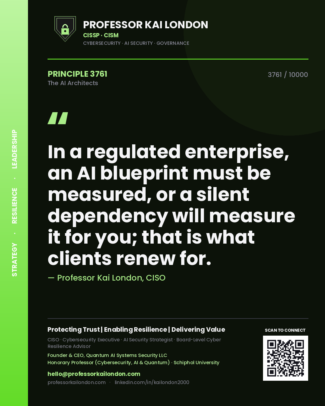 Quote card by Professor Kai London reading 'In a regulated enterprise, an AI blueprint must be measured, or a silent dependency will measure it for you; that is what clients renew for.'. From the book The AI Architects.