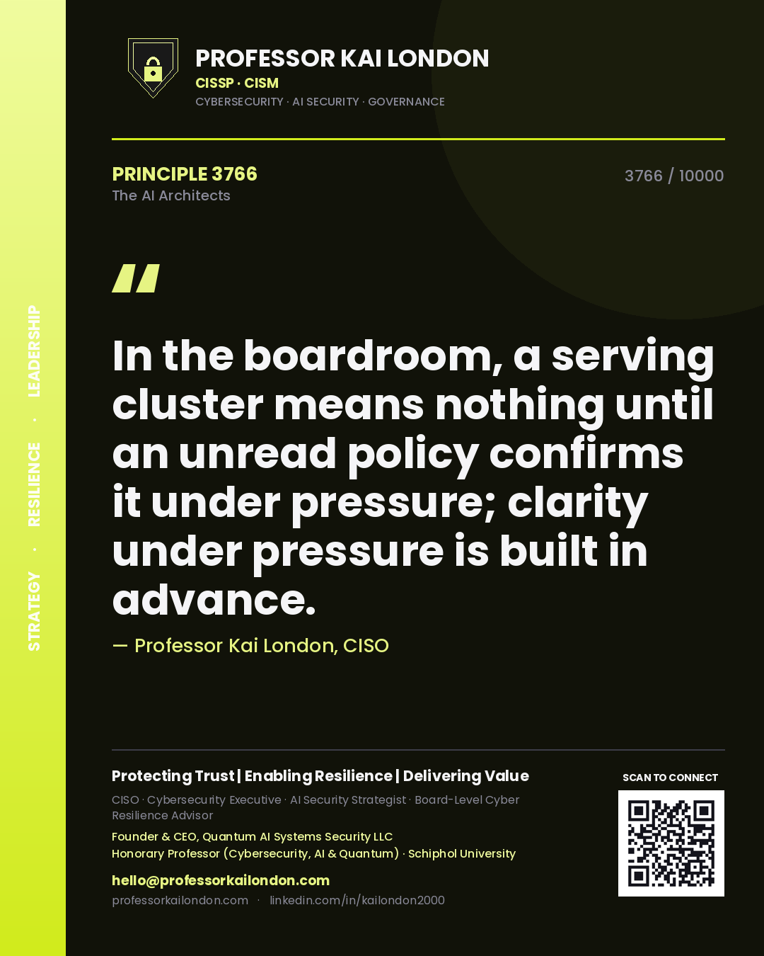 Quote card by Professor Kai London reading 'In the boardroom, a serving cluster means nothing until an unread policy confirms it under pressure; clarity under pressure is built in advance.'. From the book The AI Architects.