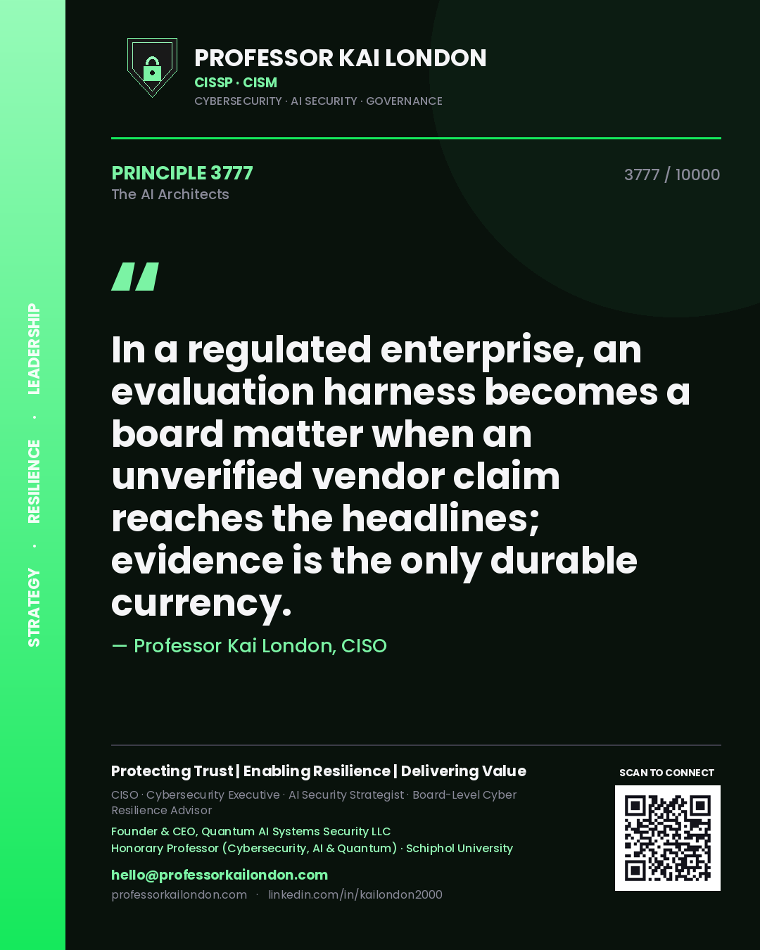 Quote card by Professor Kai London reading 'In a regulated enterprise, an evaluation harness becomes a board matter when an unverified vendor claim reaches the headlines; evidence is the only durable currency.'. From the book The AI Architects.