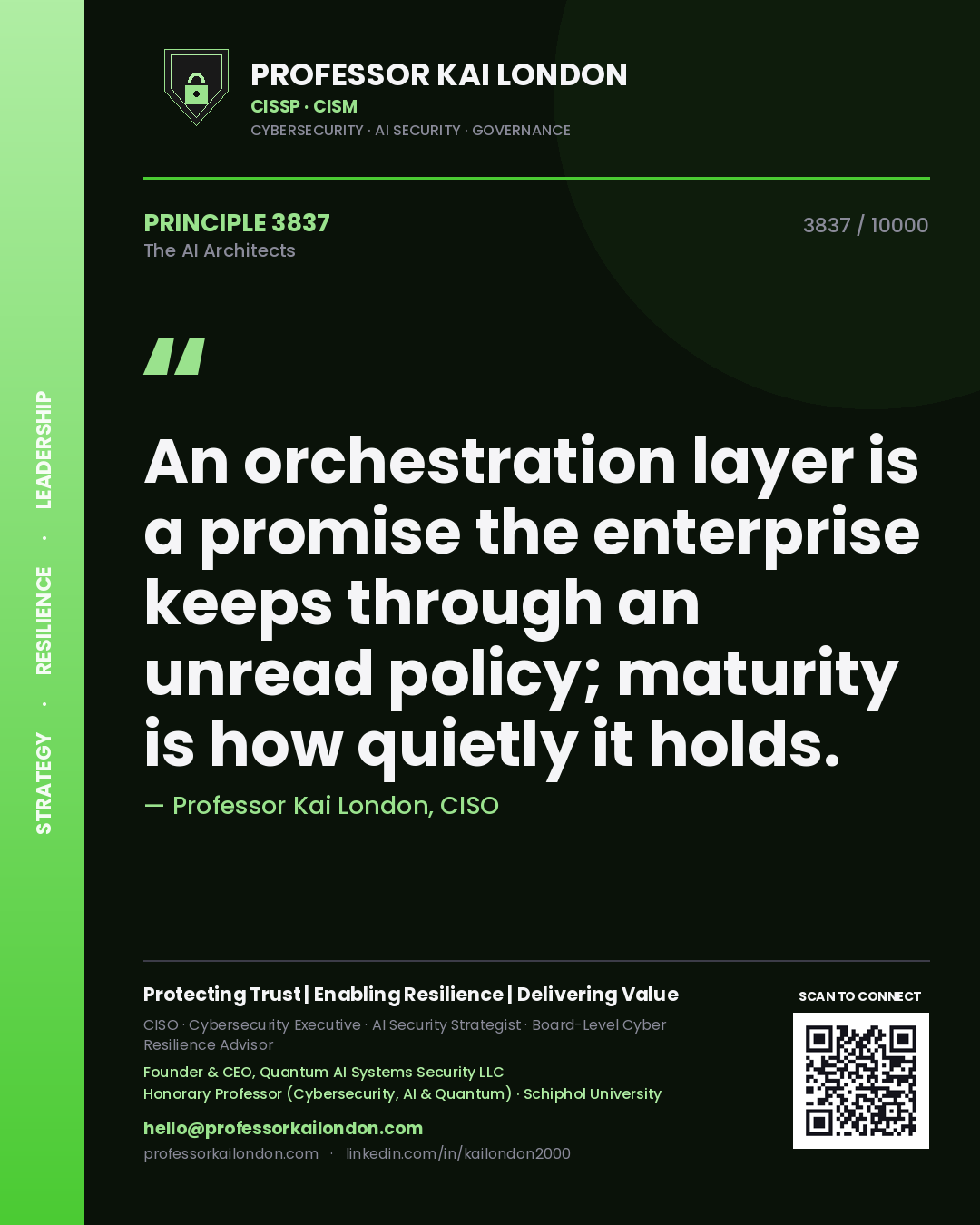 Professor Kai London principle 3837: An orchestration layer is a promise the enterprise keeps through an unread policy; maturity is how quietly it holds.