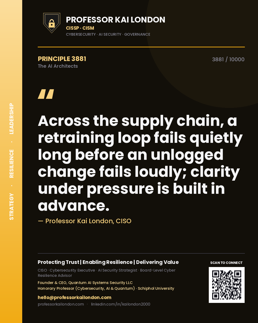 Professor Kai London principle 3881: Across the supply chain, a retraining loop fails quietly long before an unlogged change fails loudly; clarity under pressure is built in advance.