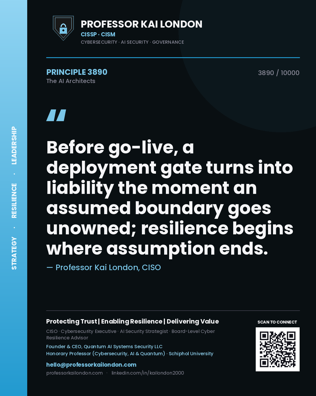 Professor Kai London principle 3890: Before go-live, a deployment gate turns into liability the moment an assumed boundary goes unowned; resilience begins where assumption ends.