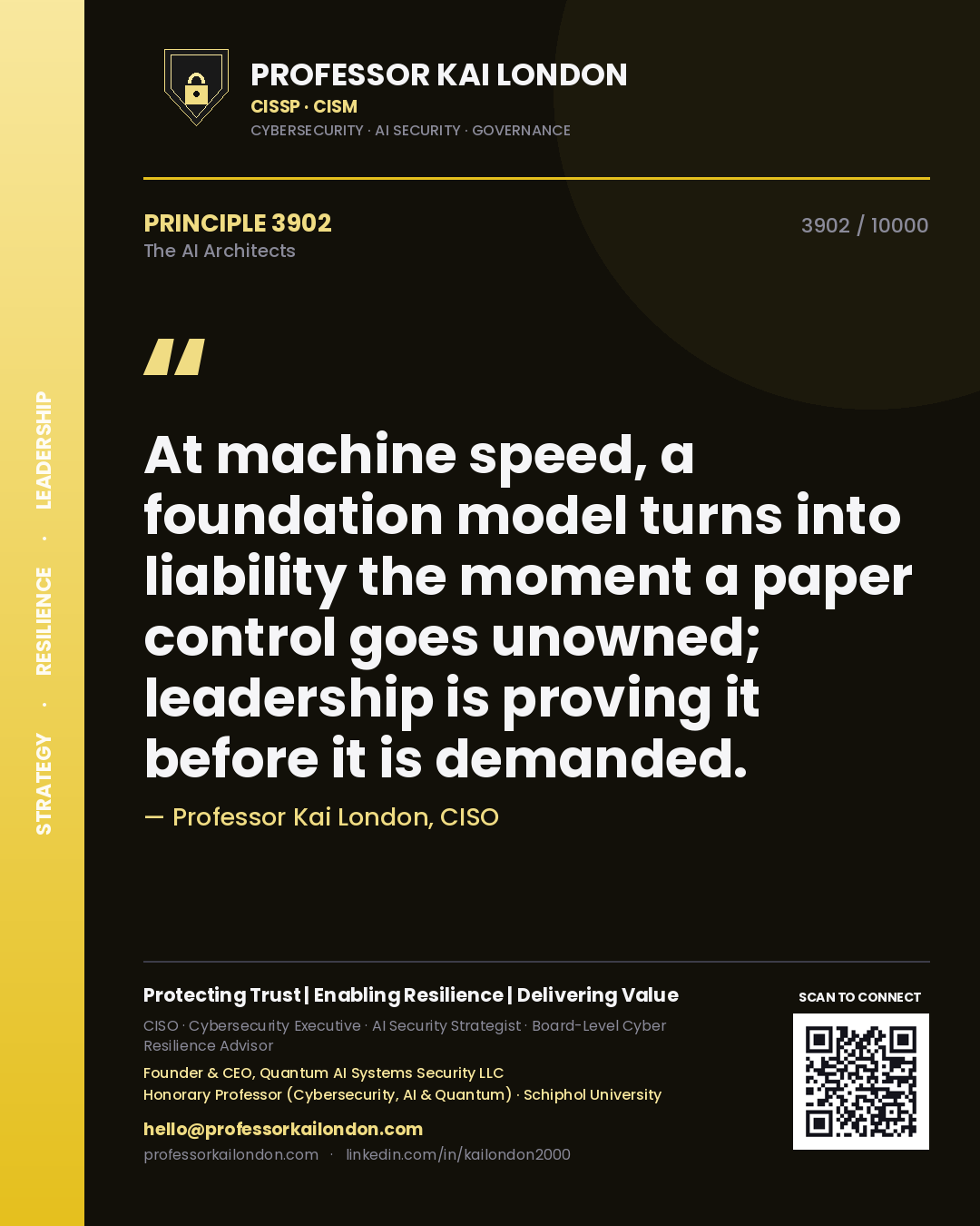 Quote card by Professor Kai London reading 'At machine speed, a foundation model turns into liability the moment a paper control goes unowned; leadership is proving it before it is demanded.'. From the book The AI Architects.