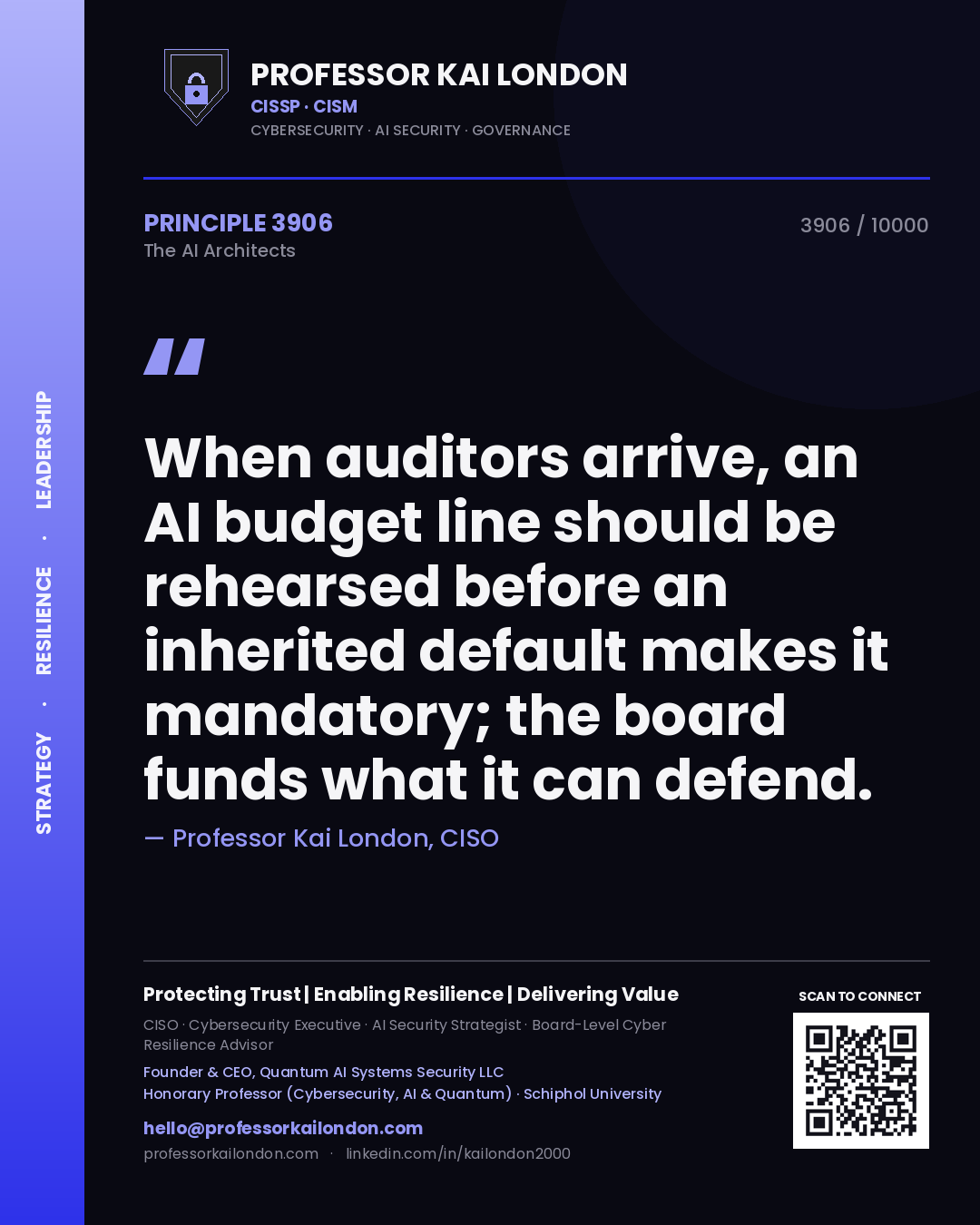 Quote card by Professor Kai London reading 'When auditors arrive, an AI budget line should be rehearsed before an inherited default makes it mandatory; the board funds what it can defend.'. From the book The AI Architects.