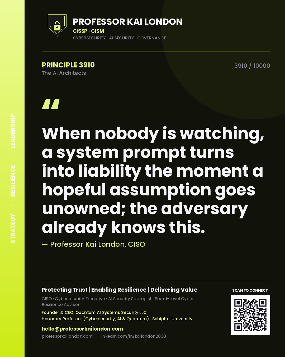 Quote card by Professor Kai London reading 'When nobody is watching, a system prompt turns into liability the moment a hopeful assumption goes unowned; the adversary already knows this.'. From the book The AI Architects.