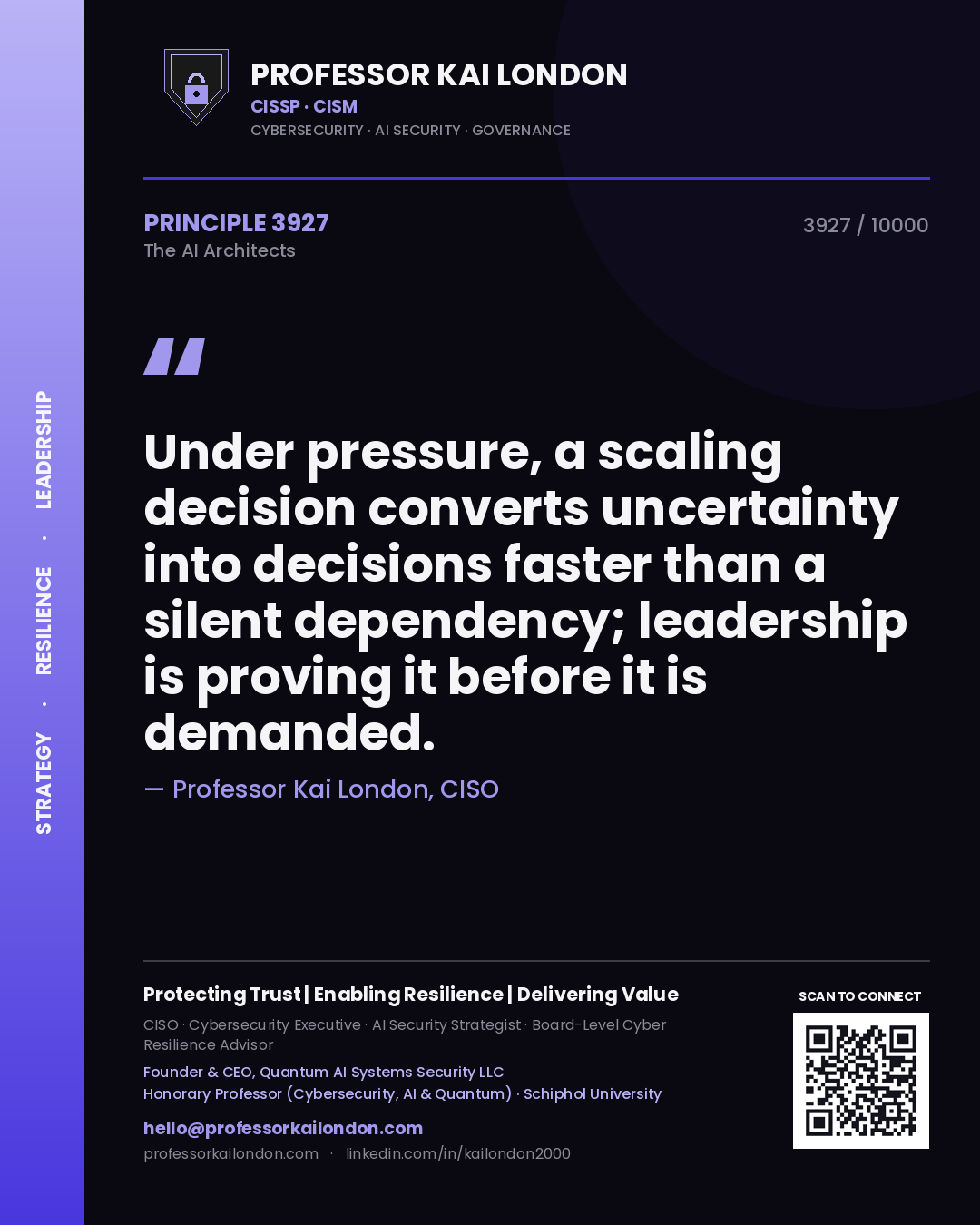 Quote card by Professor Kai London reading 'Under pressure, a scaling decision converts uncertainty into decisions faster than a silent dependency; leadership is proving it before it is demanded.'. From the book The AI Architects.