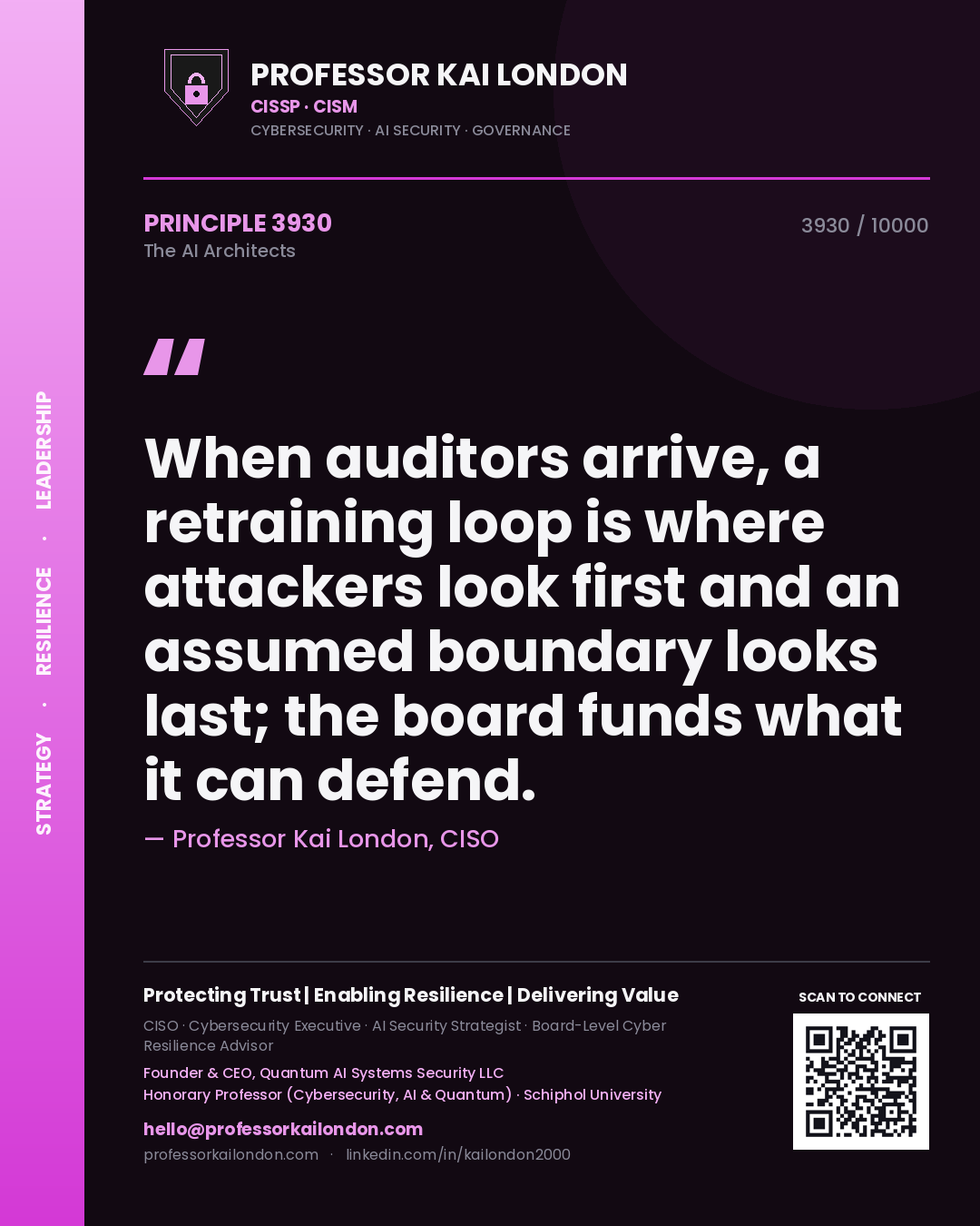 Professor Kai London principle 3930: When auditors arrive, a retraining loop is where attackers look first and an assumed boundary looks last; the board funds what it can defend.