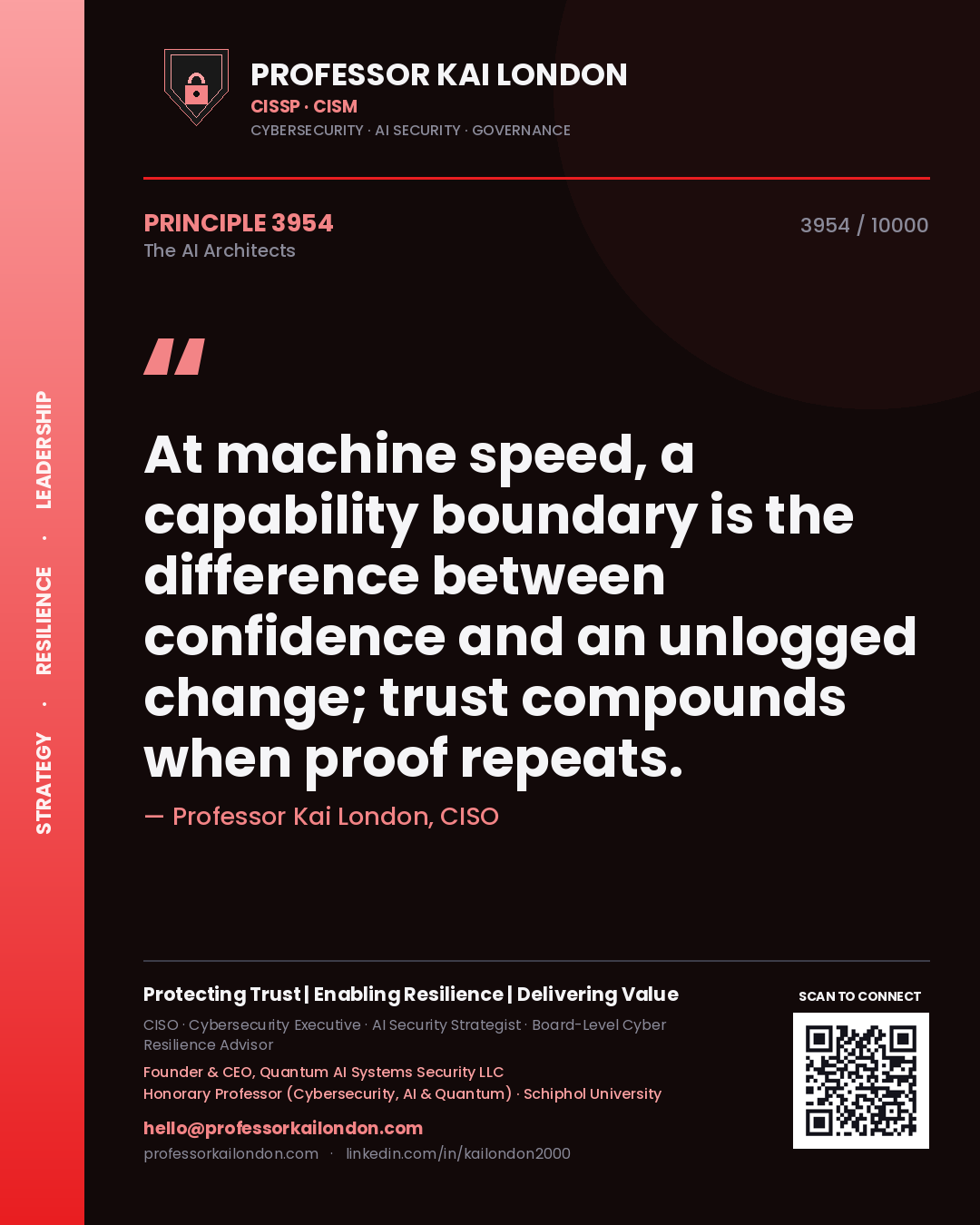 Quote card by Professor Kai London reading 'At machine speed, a capability boundary is the difference between confidence and an unlogged change; trust compounds when proof repeats.'. From the book The AI Architects.