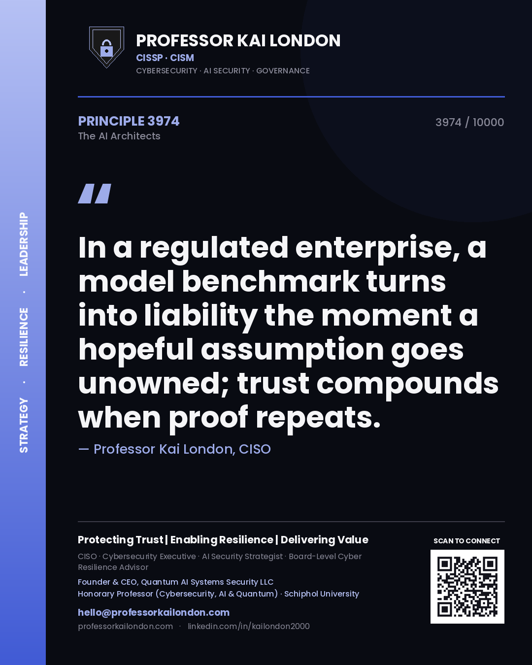 Professor Kai London principle 3974: In a regulated enterprise, a model benchmark turns into liability the moment a hopeful assumption goes unowned; trust compounds when proof repeats.