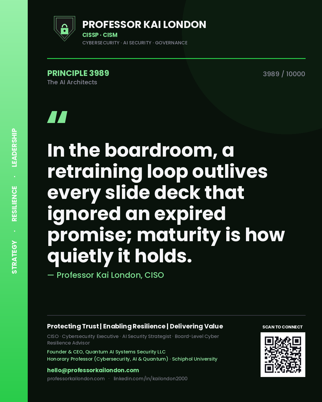 Quote card by Professor Kai London reading 'In the boardroom, a retraining loop outlives every slide deck that ignored an expired promise; maturity is how quietly it holds.'. From the book The AI Architects.