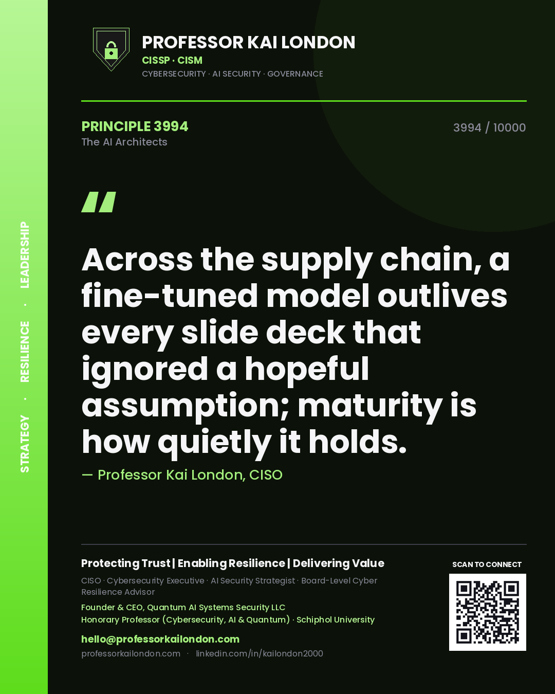 Quote card by Professor Kai London reading 'Across the supply chain, a fine-tuned model outlives every slide deck that ignored a hopeful assumption; maturity is how quietly it holds.'. From the book The AI Architects.