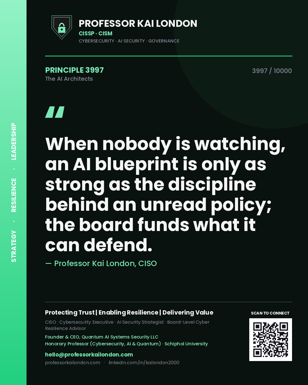 Professor Kai London principle 3997: When nobody is watching, an AI blueprint is only as strong as the discipline behind an unread policy; the board funds what it can defend.