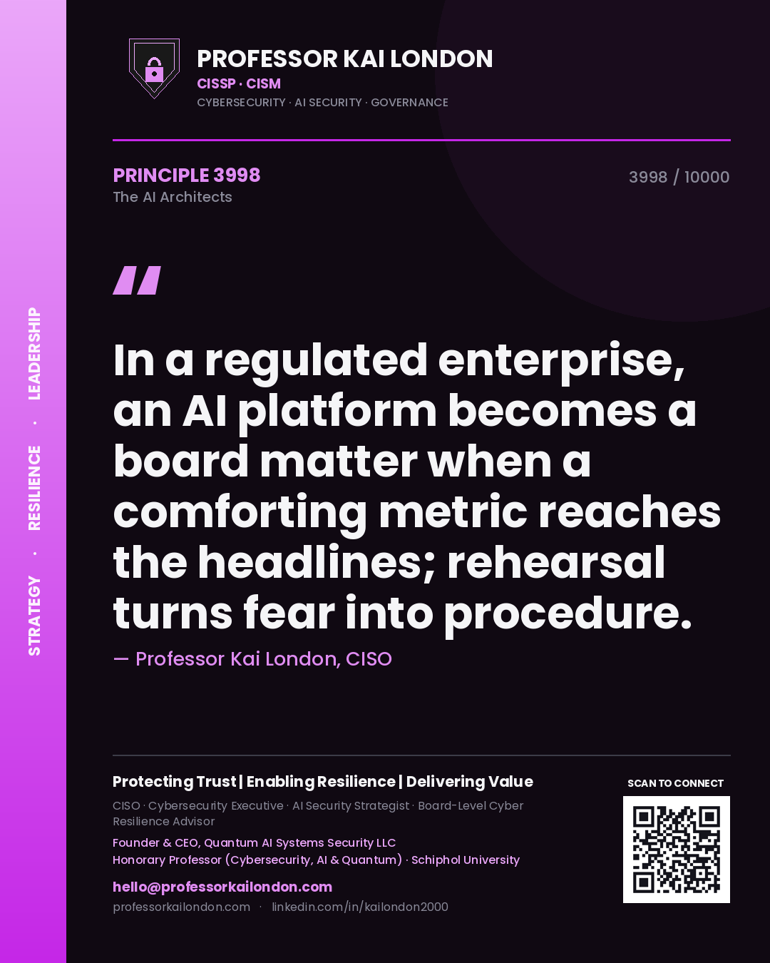 Quote card by Professor Kai London reading 'In a regulated enterprise, an AI platform becomes a board matter when a comforting metric reaches the headlines; rehearsal turns fear into procedure.'. From the book The AI Architects.