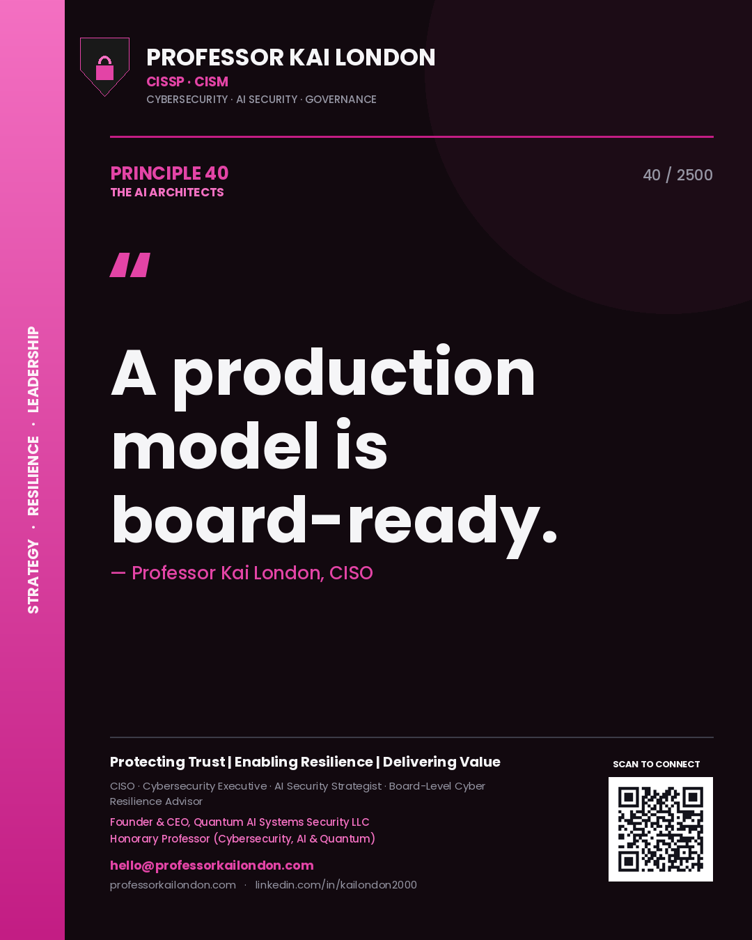 Quote card by Professor Kai London reading 'A production model is board-ready.'. From the book The AI Architects.