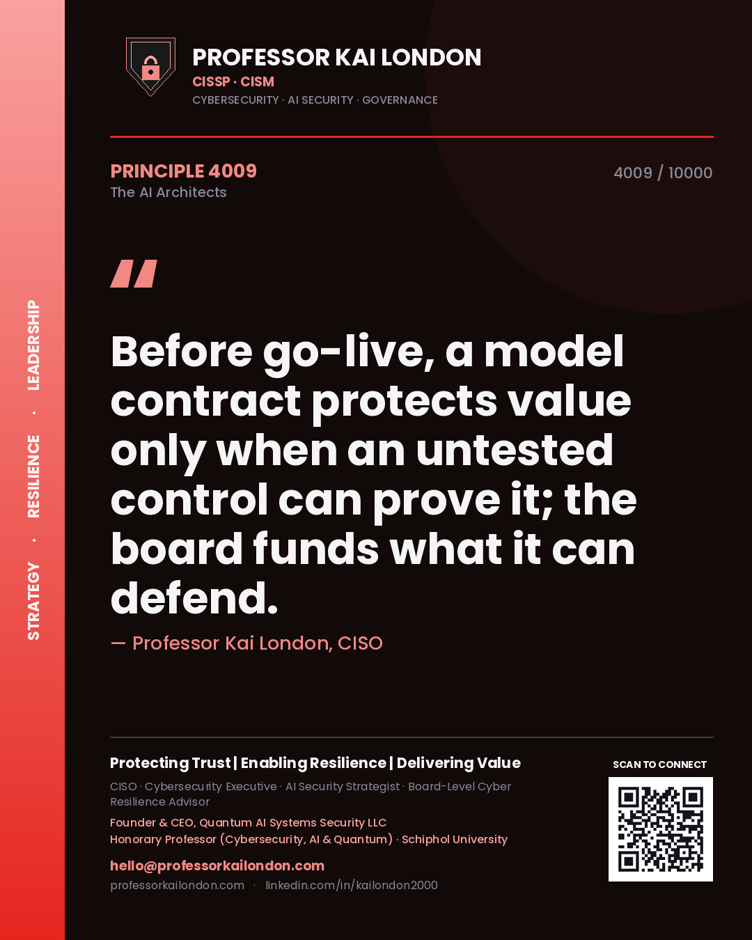 Professor Kai London principle 4009: Before go-live, a model contract protects value only when an untested control can prove it; the board funds what it can defend.