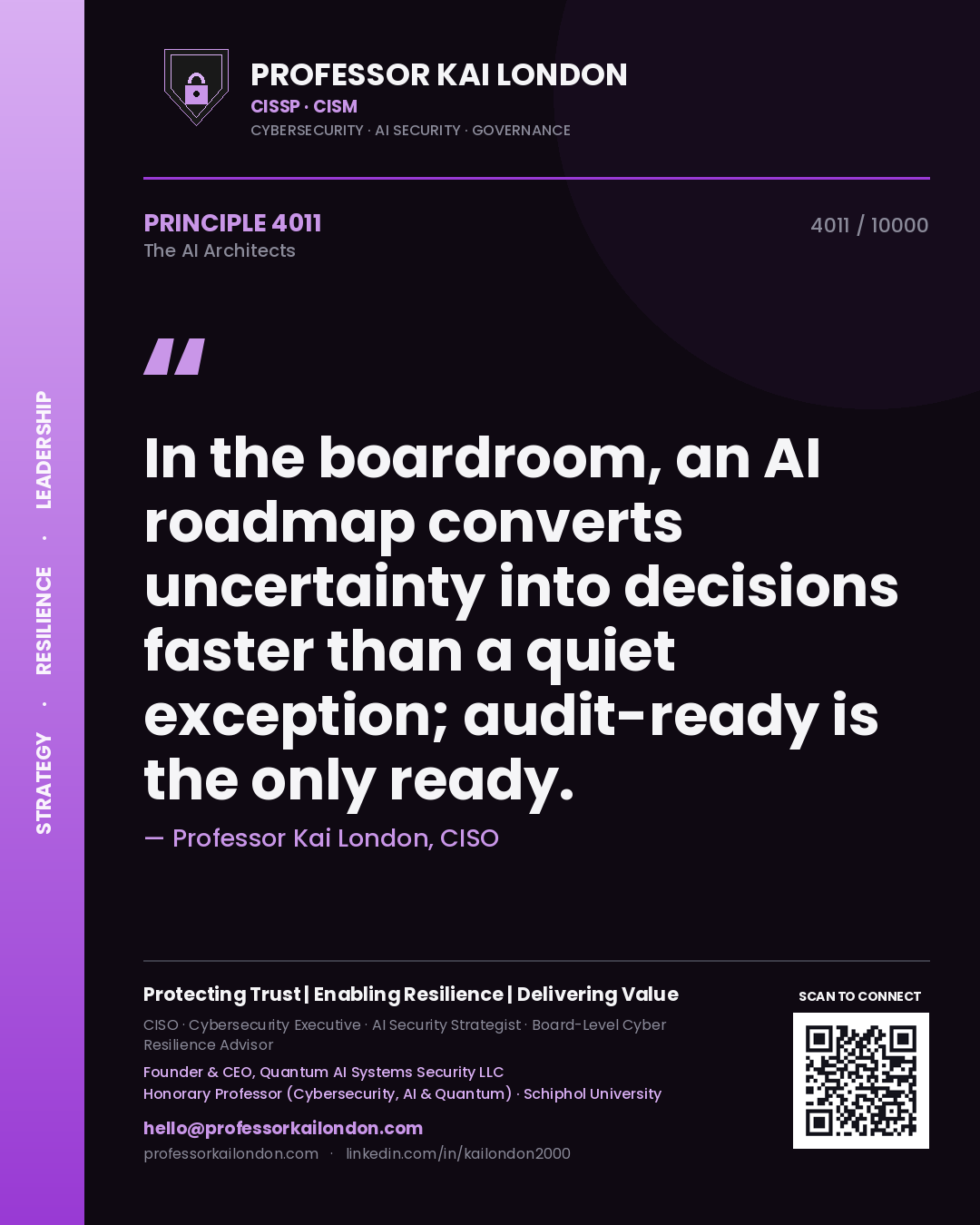 Professor Kai London principle 4011: In the boardroom, an AI roadmap converts uncertainty into decisions faster than a quiet exception; audit-ready is the only ready.