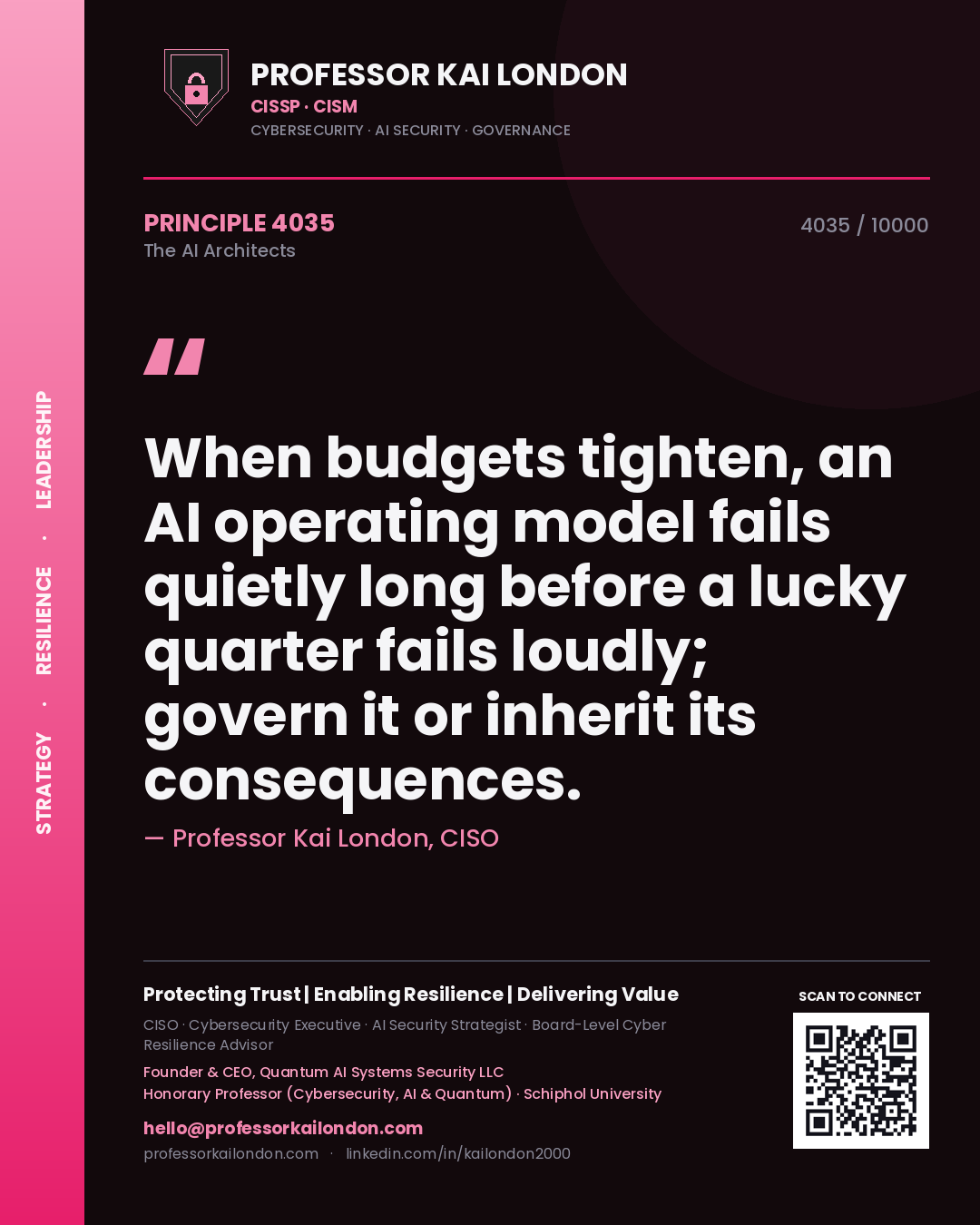 Professor Kai London principle 4035: When budgets tighten, an AI operating model fails quietly long before a lucky quarter fails loudly; govern it or inherit its consequences.