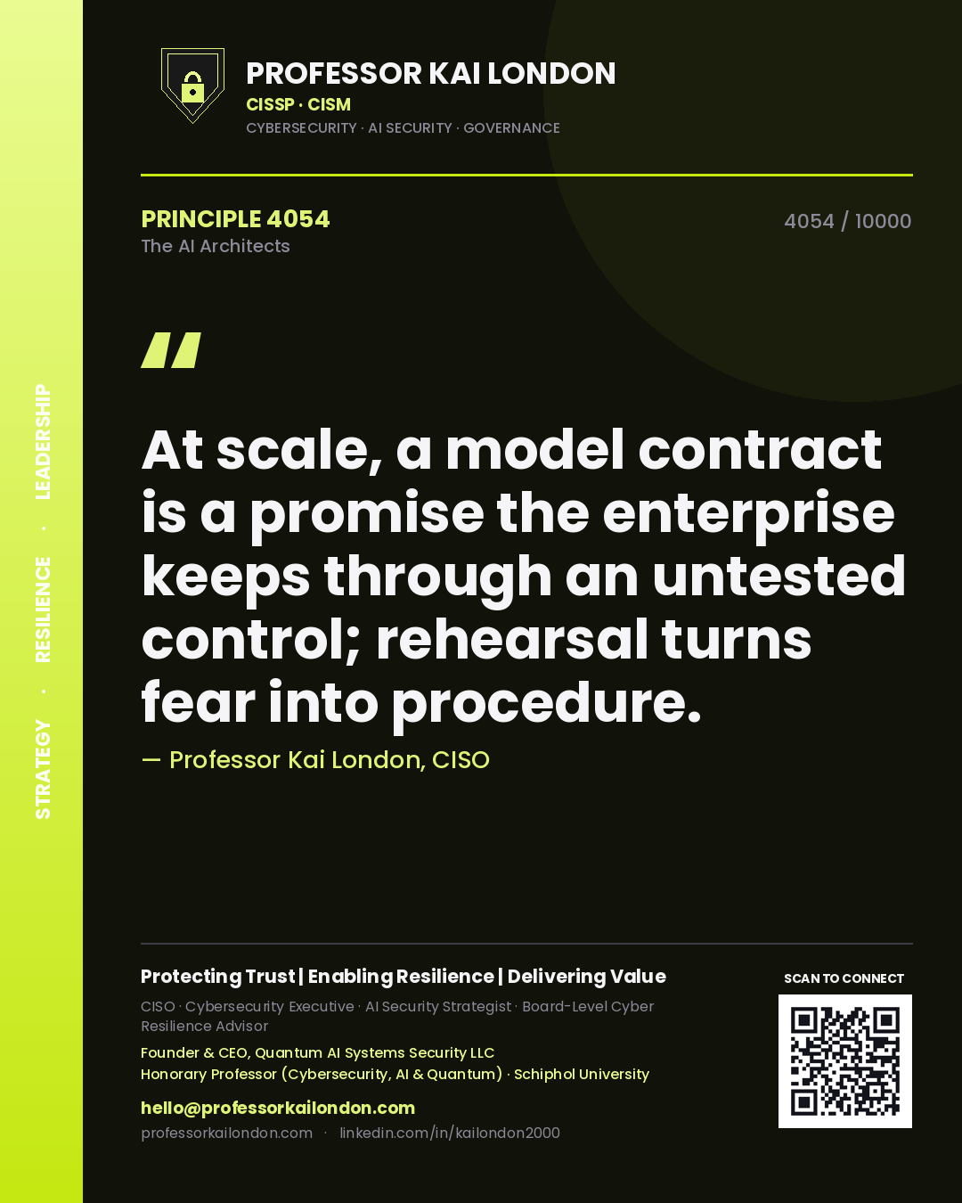 Professor Kai London principle 4054: At scale, a model contract is a promise the enterprise keeps through an untested control; rehearsal turns fear into procedure.