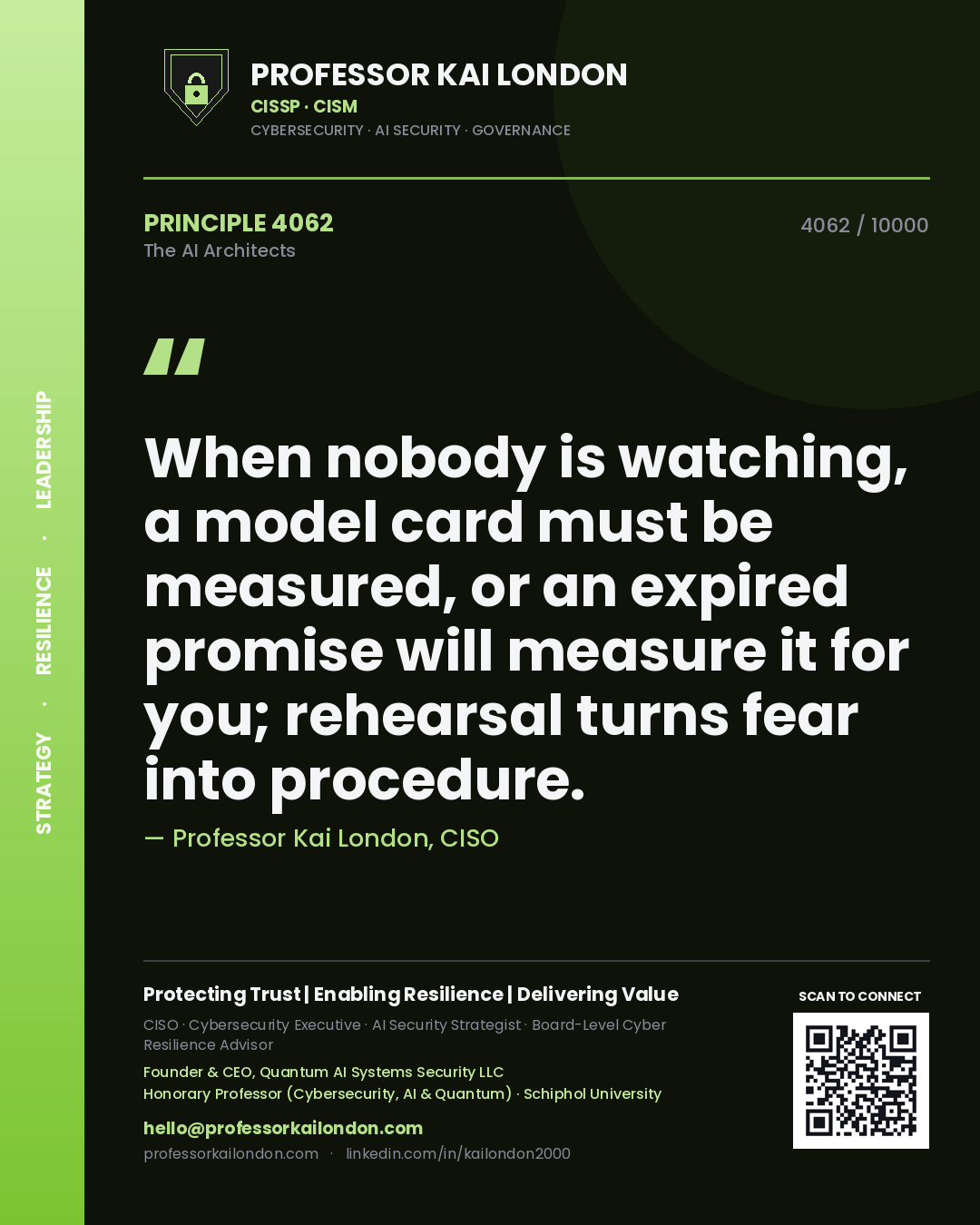 Quote card by Professor Kai London reading 'When nobody is watching, a model card must be measured, or an expired promise will measure it for you; rehearsal turns fear into procedure.'. From the book The AI Architects.